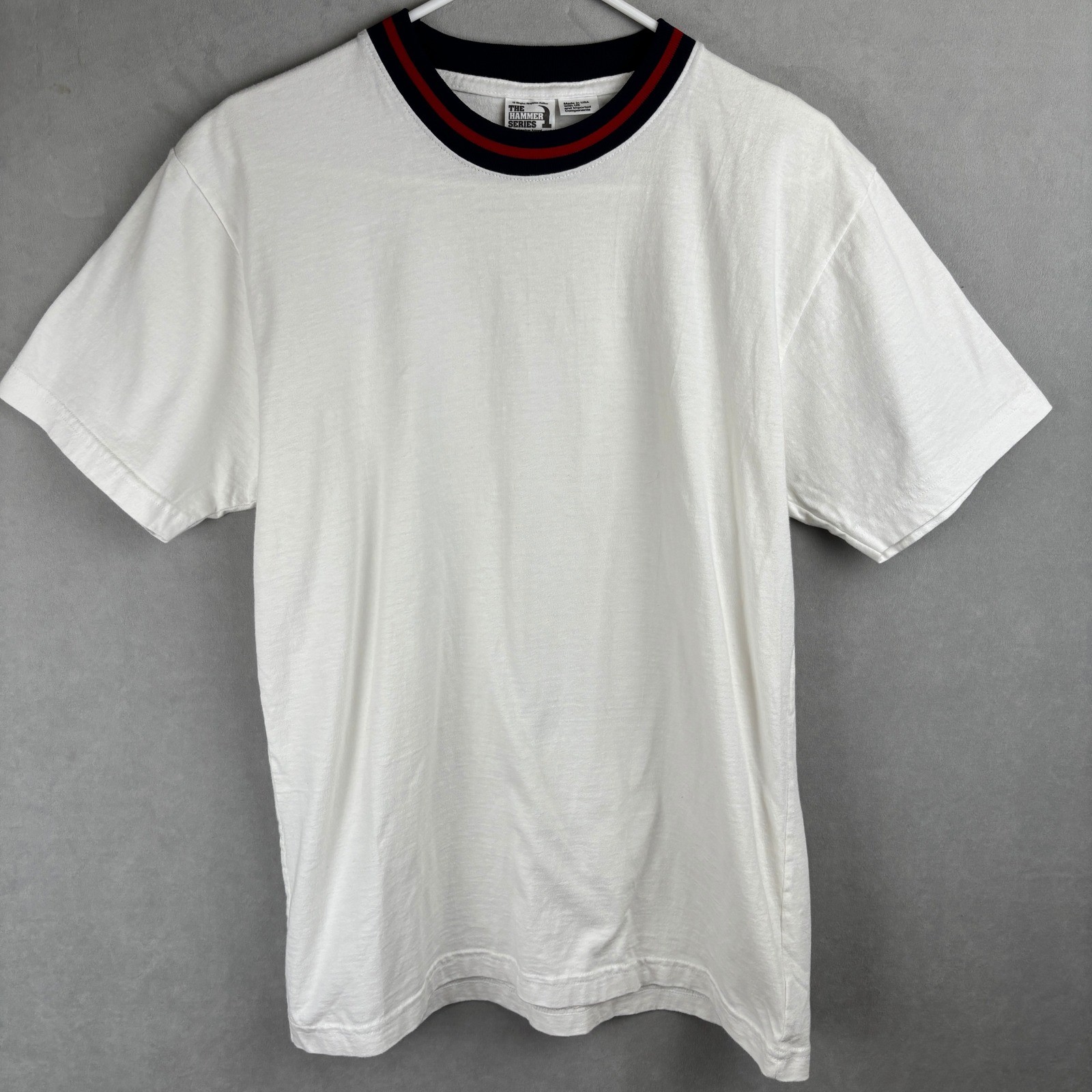 American Apparel Hammer Series Mens M White Ringer T-Shirt Navy Red USA Made