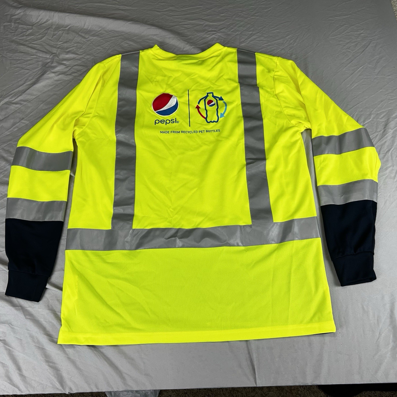 PEPSI Recycled Plastic Long Sleeve T-Shirt Large Reflective Neon Yellow NICE!