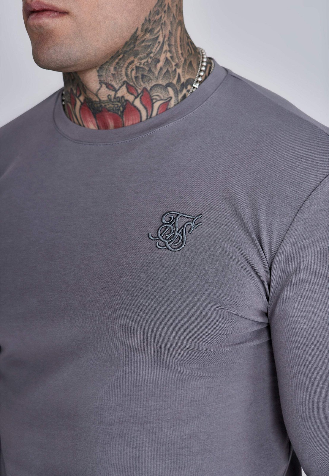 SikSilk Men’s Long Sleeved Crew Neck Essentials T-Shirt Tee Grey