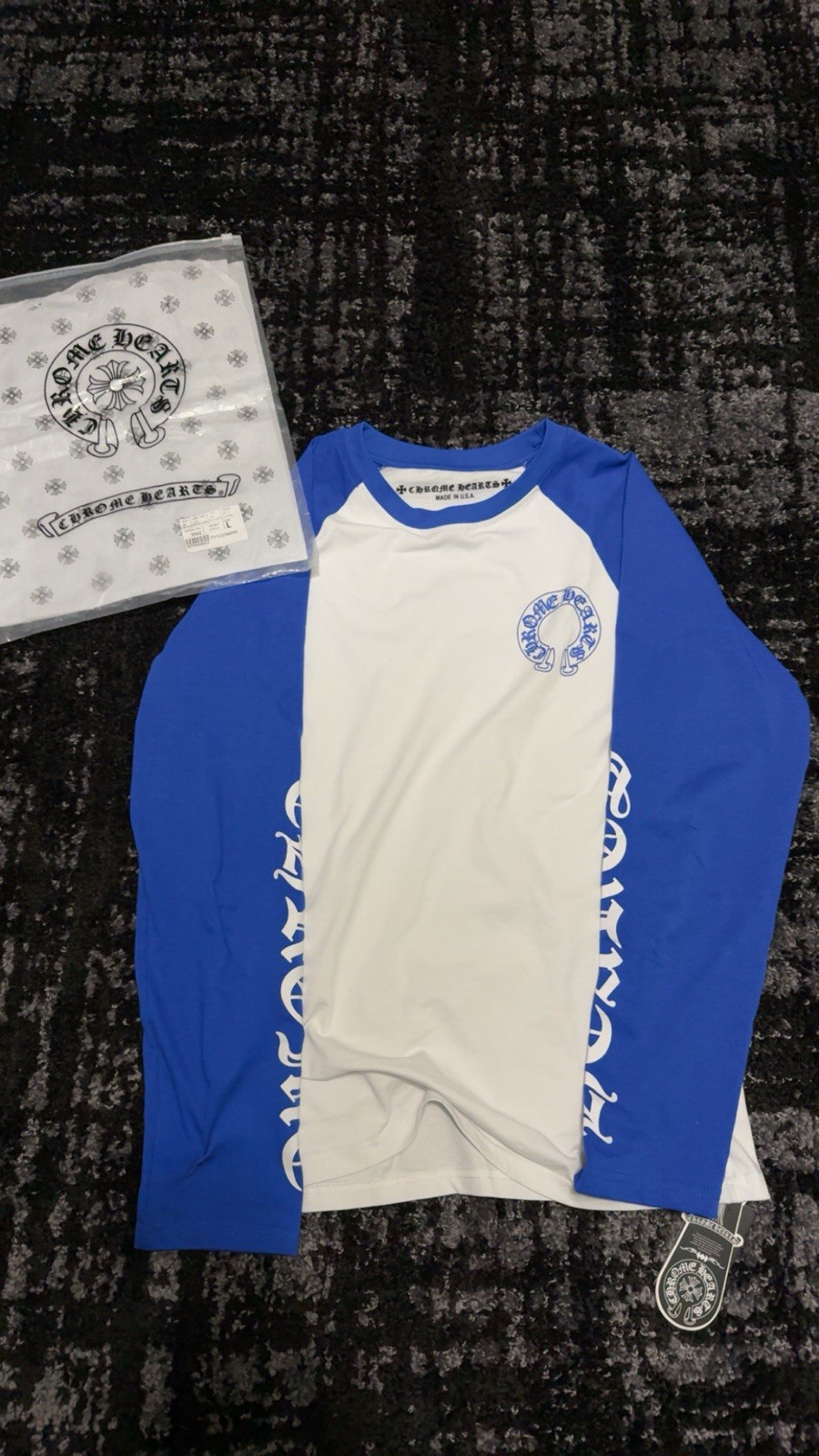 Chrome Hearts Men’s White/Blue Logo Raglan Long Sleeve Crew Neck T-Shirt