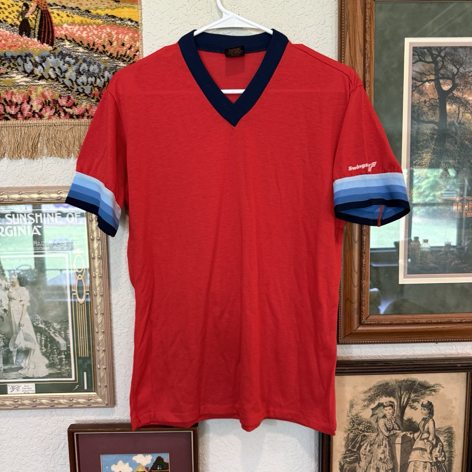Vintage 70s RARE Swingster Solid/Striped Sleeves V-Neck Unisex Shirt Size Medium