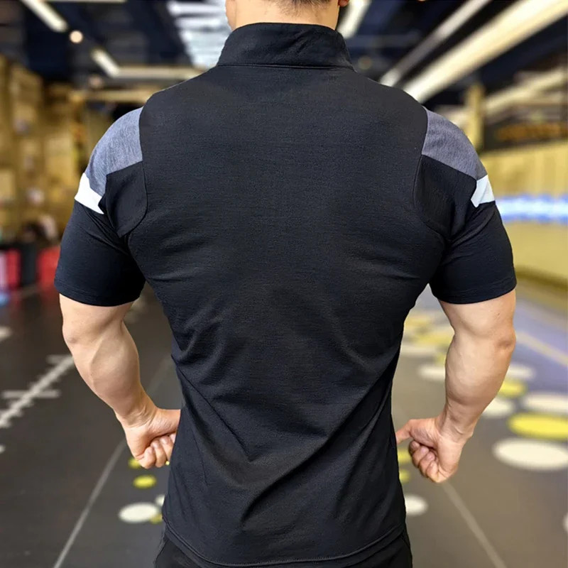 Men Fitness Running Half Zip Training Wear Summer High Elasticity Slim Fit Tee O