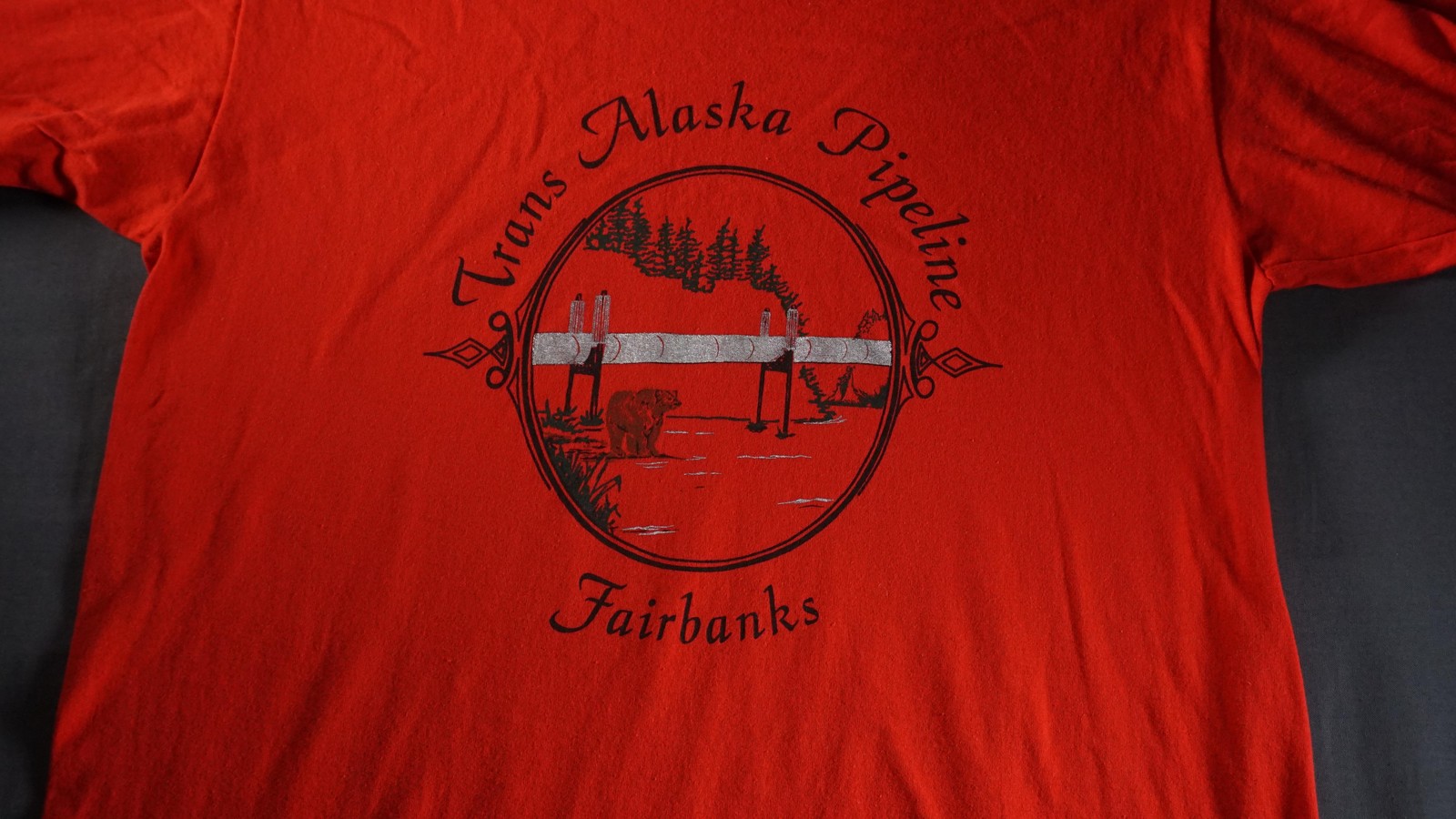 Vintage Trans Alaska Pipeline Shirt Mens Large Red Fairbanks Alaska Souvenir 90s