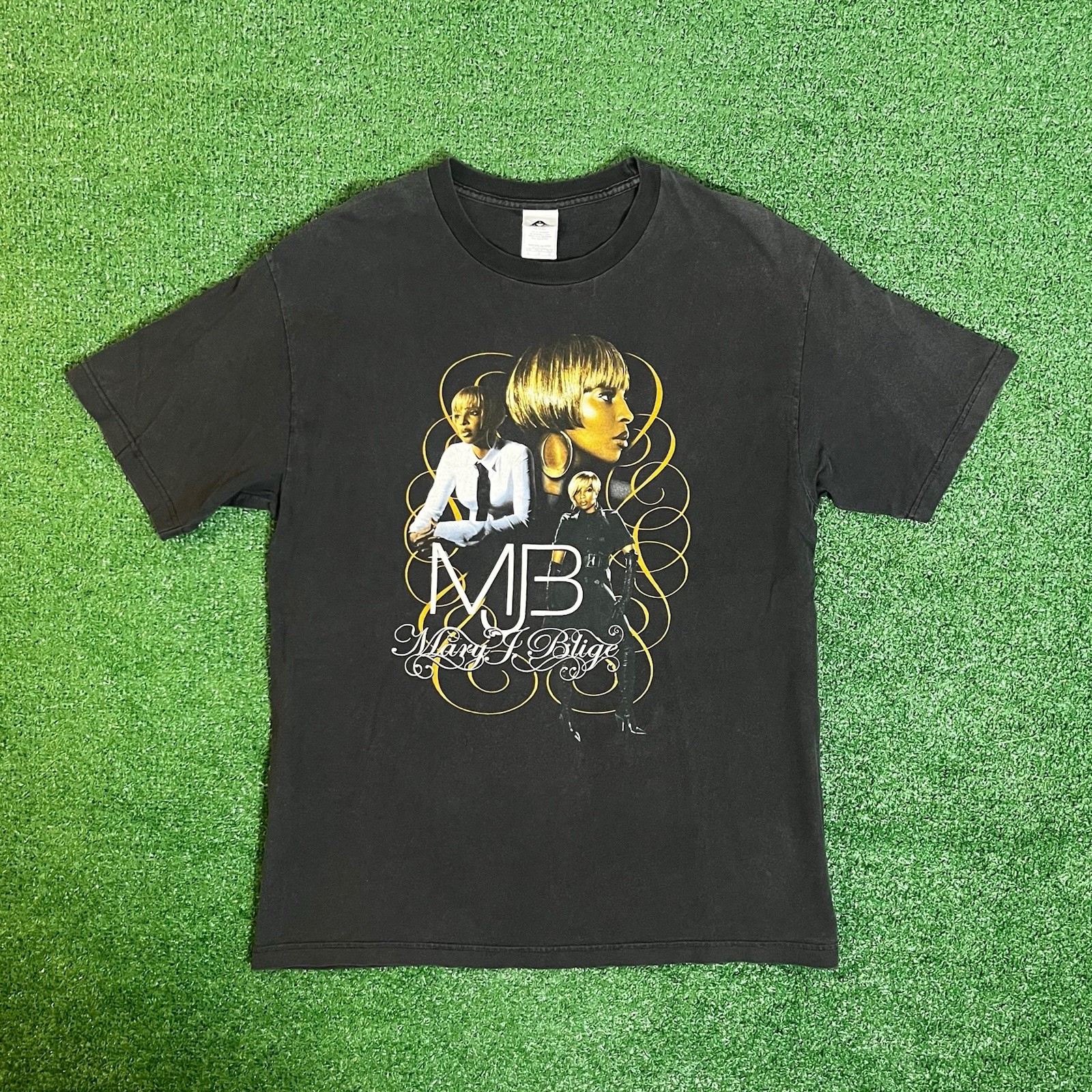 Vintage Mary J Blige Rap Tee T Shirt Tour Sz L Double Sided Faded Black Y2K AAA