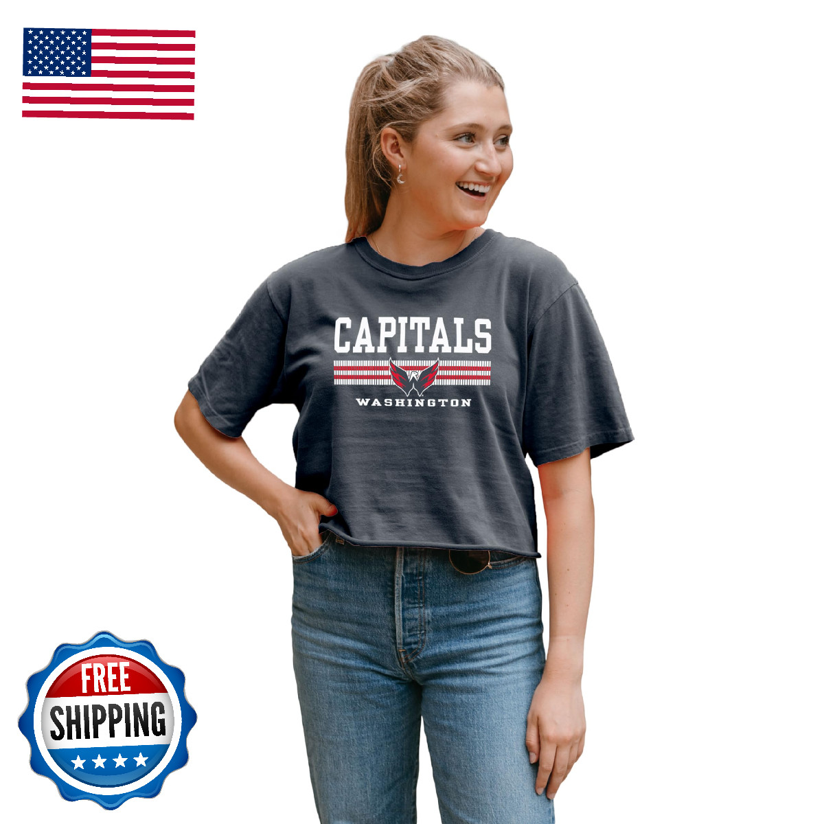 Blue 84 Washington Capitals Nhl Officially Licensed Womens Crop Top T-Shirt