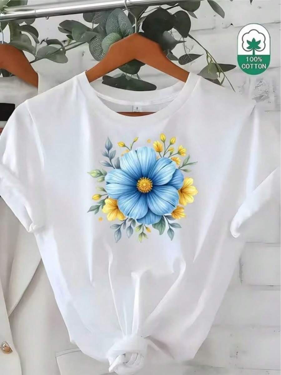 Women’s T-Shirt Graphic Printed With Blue Flower With Yellow Blossoms And Leaves