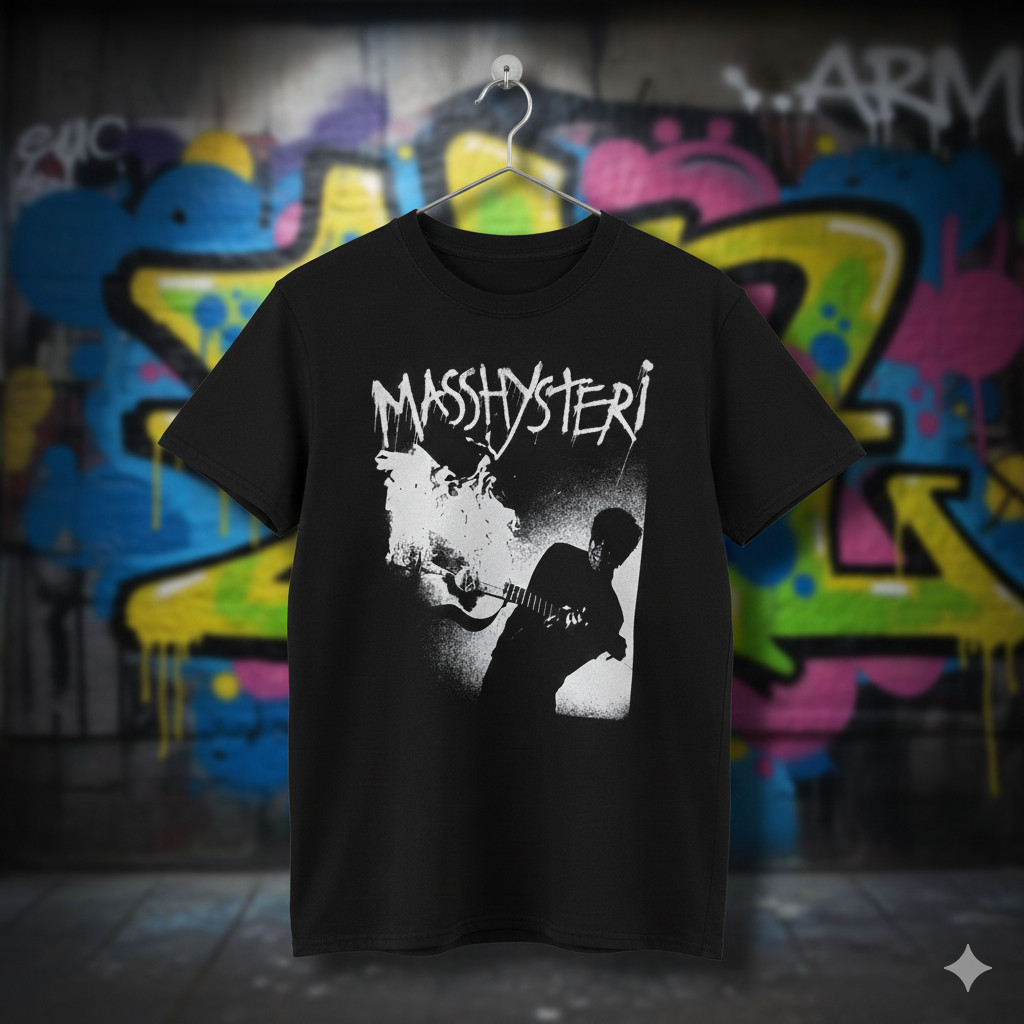 Masshysteri Punk Rock Graphic Tee – Distressed Guitar Player Shirt – T908
