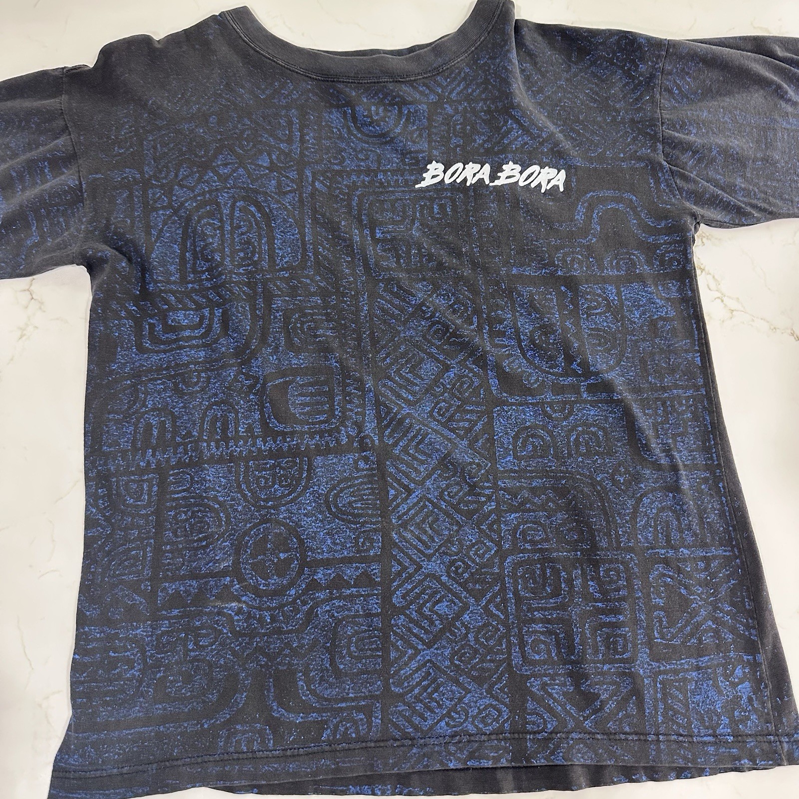 Bora Bora Magic Power Tahiti Shirt Mens Sz 44 Blue SS Hawaiian Graphic All Over
