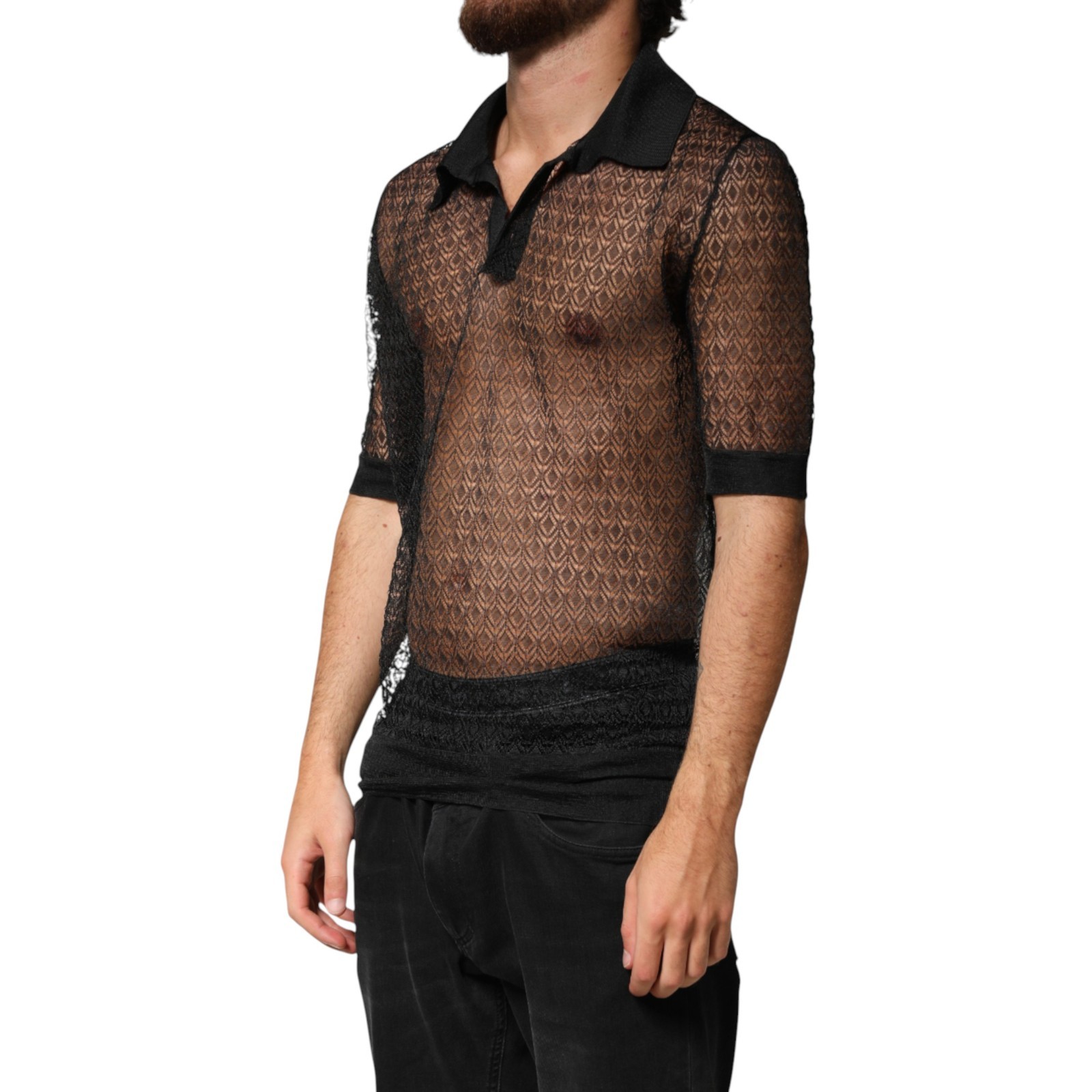 DOLCE & GABBANA Top Black Sheer Short Sleeves Casual Polo IT48/US38/M 1500usd