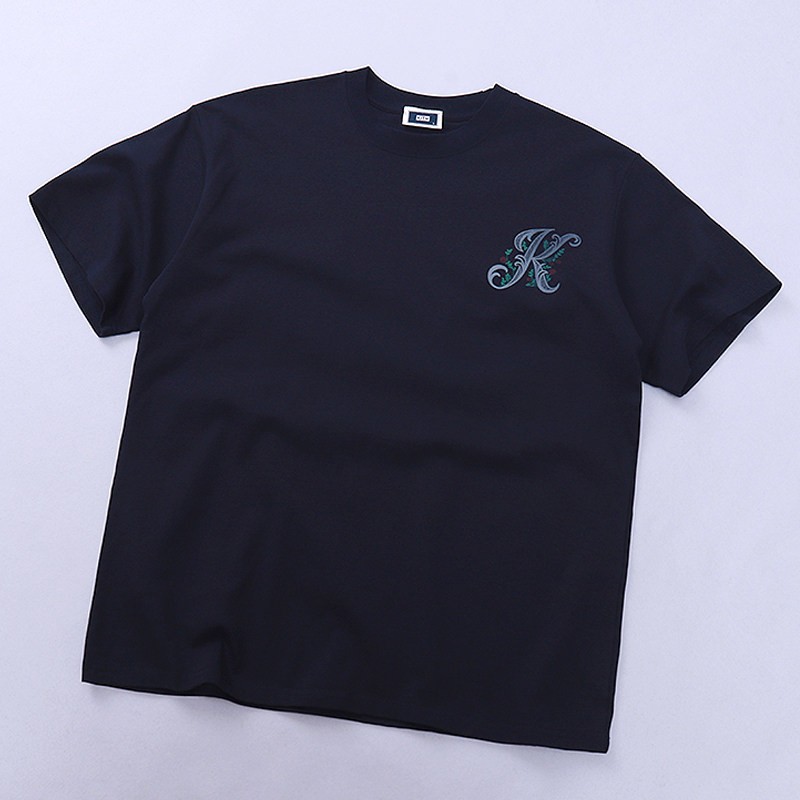 Floral Letter Embroidered Tee Drop Shoulder Loose Unisex Cotton