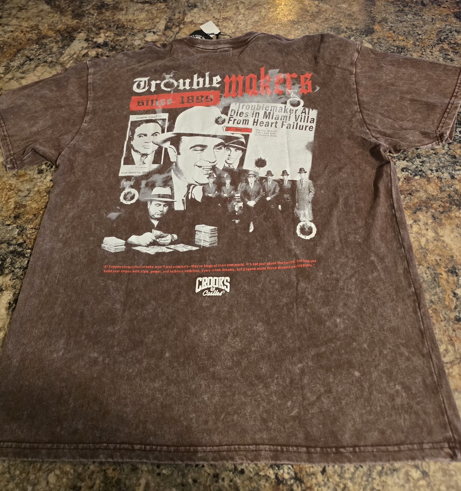 Crooks & Castles “Al Capone” size XL Washed Drop Shoulder T-shirt Brown.