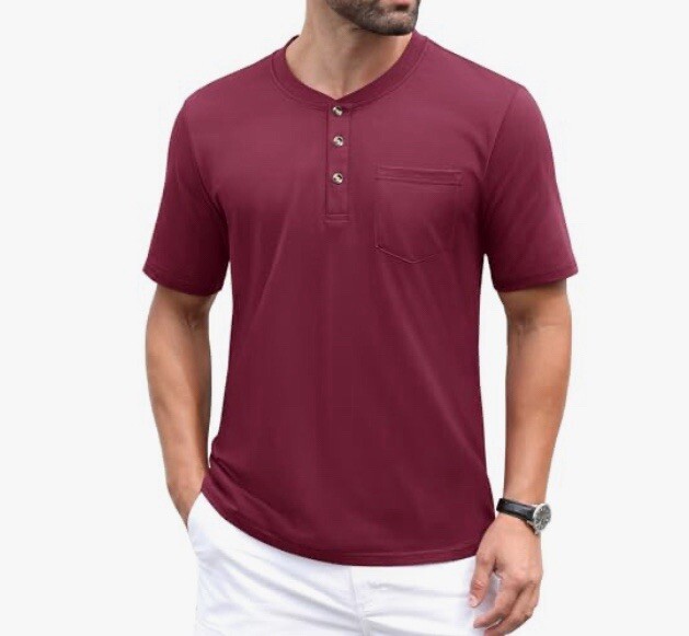 MAGCOMSEN Men’s Henley Shirts Short Sleeve Pocket Tee Shirts Wine Red Size 2XL