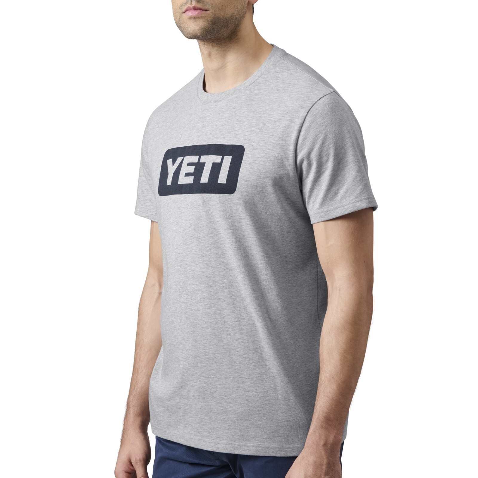 YETI Premium Logo Badge Heather Gray Navy Short Sleeve T-Shirt Men’s Sz S *NEW*