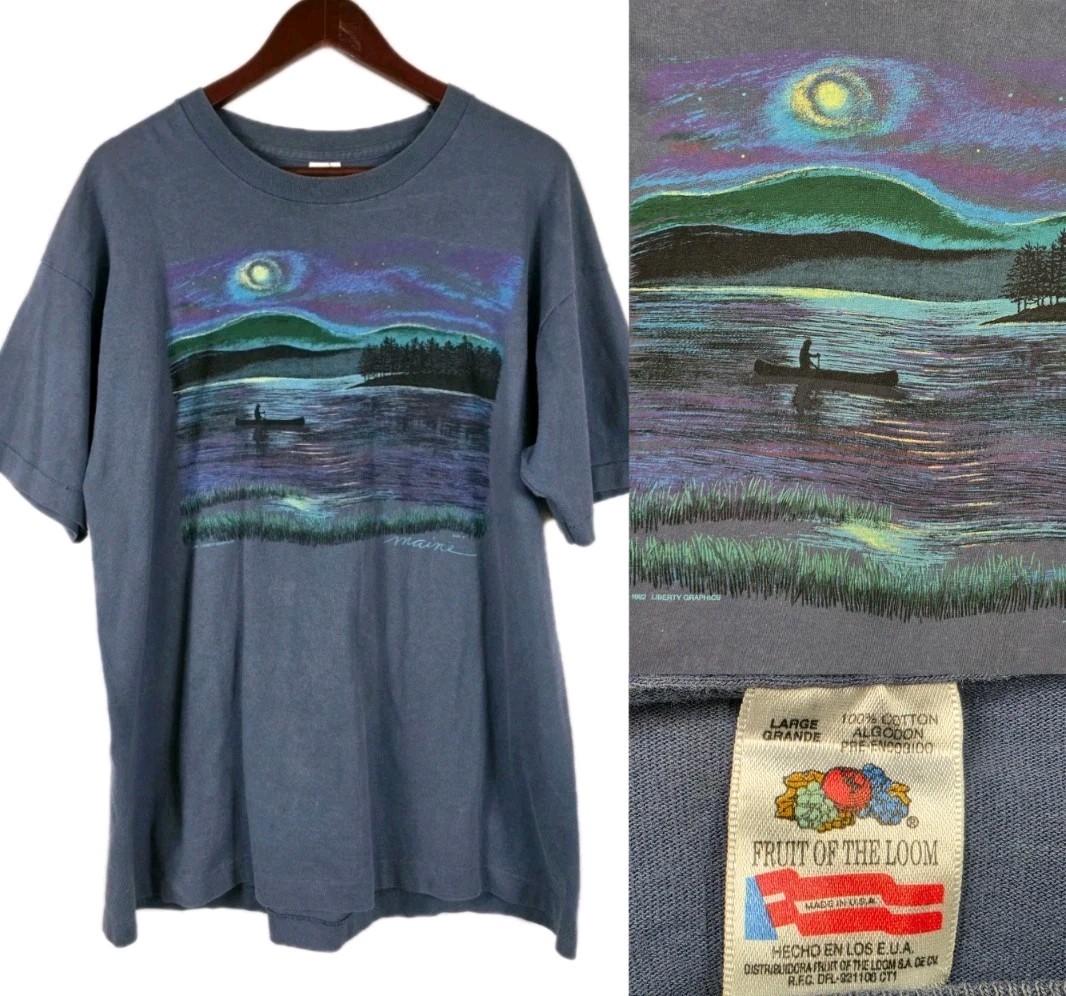 Vtg 80s T-Shirt Single Stitch Sz Large Maine Stars Nature Fishing Lake Art 3095
