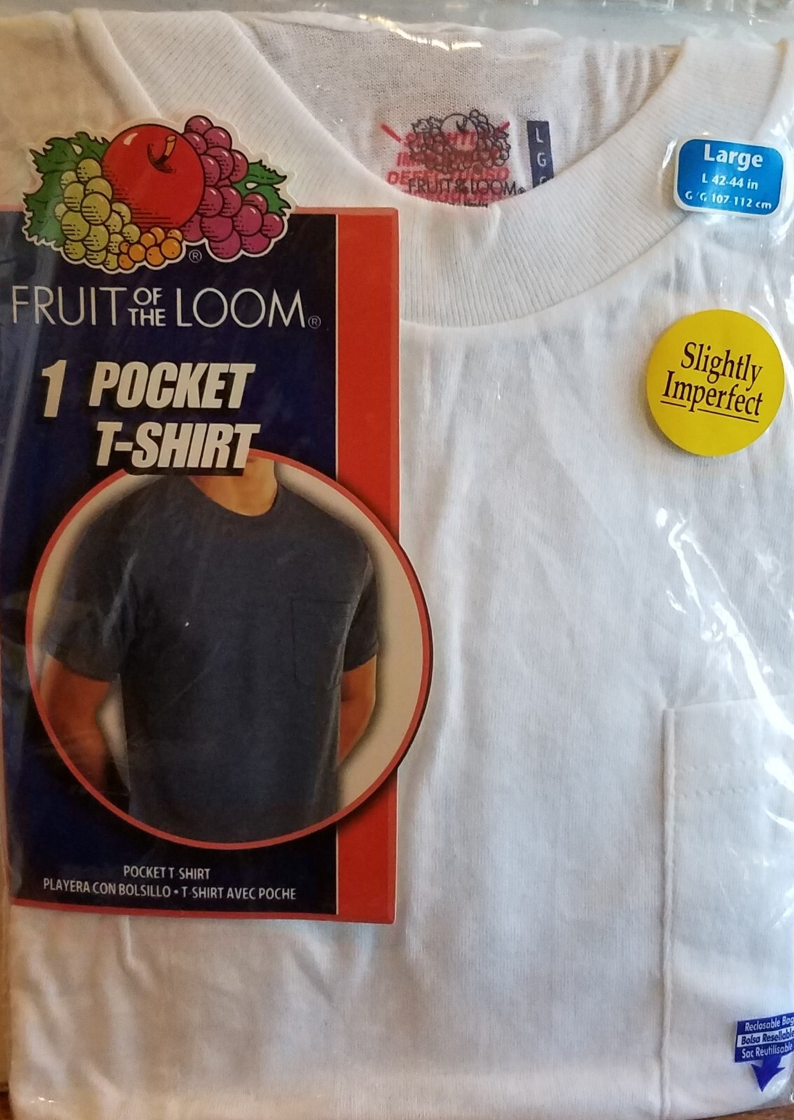 Vintage Fruit of the Loom Pocket T-Shirt large, slightly imperfect, WHITE