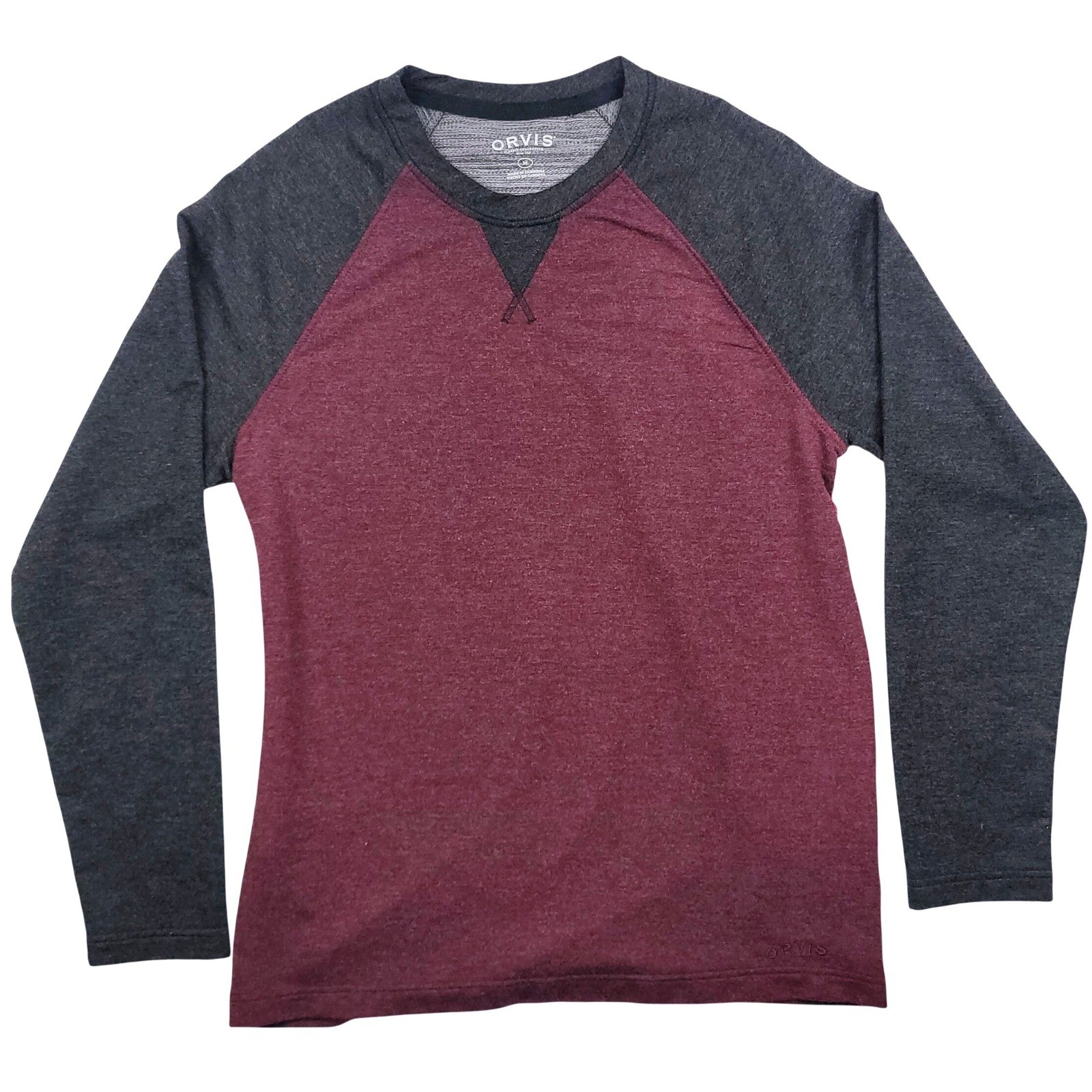 Orvis Mens Classic Collection Raglan Long Sleeve Shirt Burgundy Grey Medium