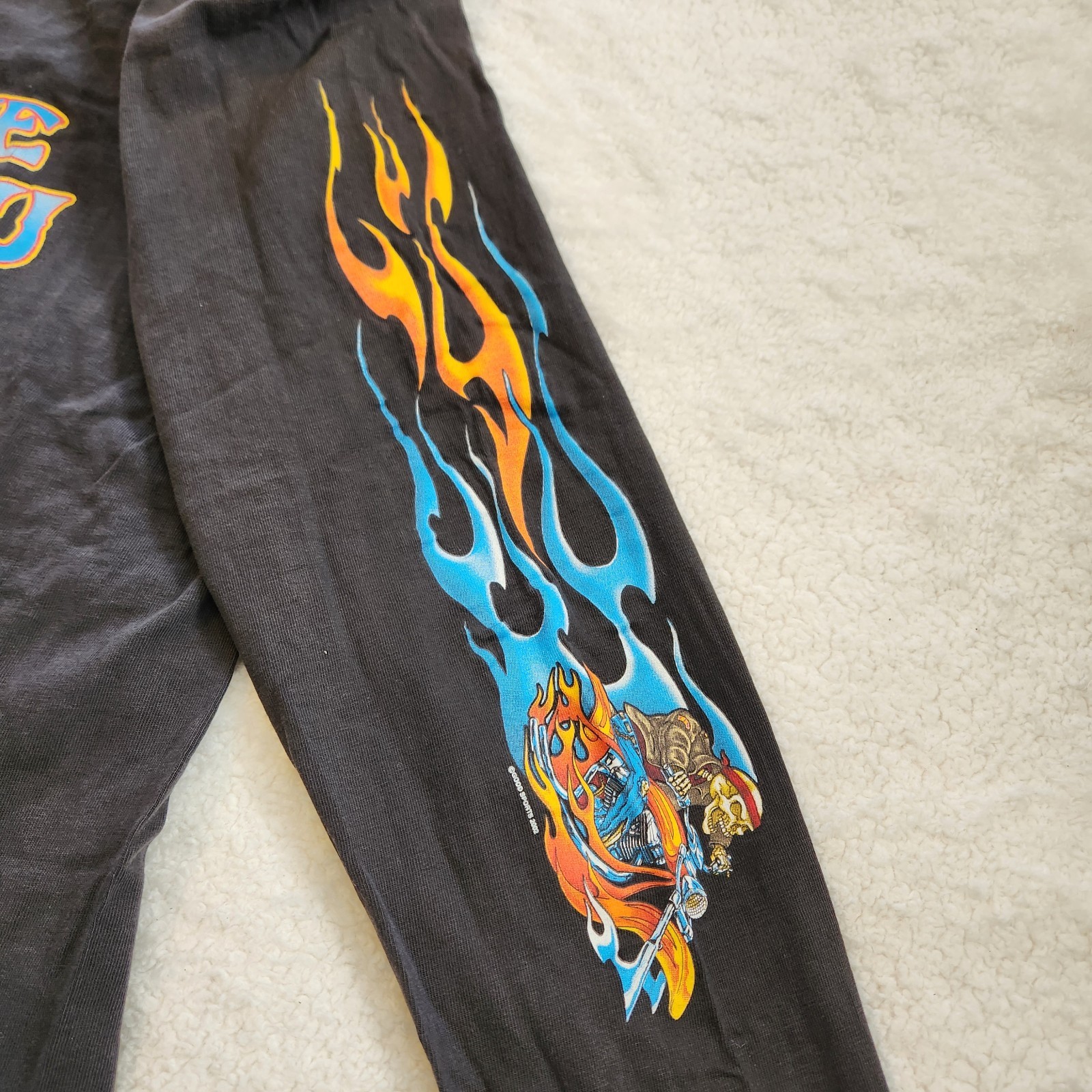 Y2K Flaming Skeleton Biker Graphic LS Shirt Lightning Clothing size Large