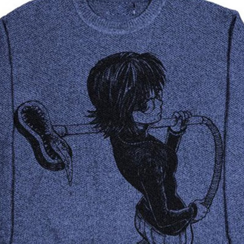 Japanese Anime Cartoon Print Loose O-Neck Pullover Unisex Vintage Casual Long-Sl