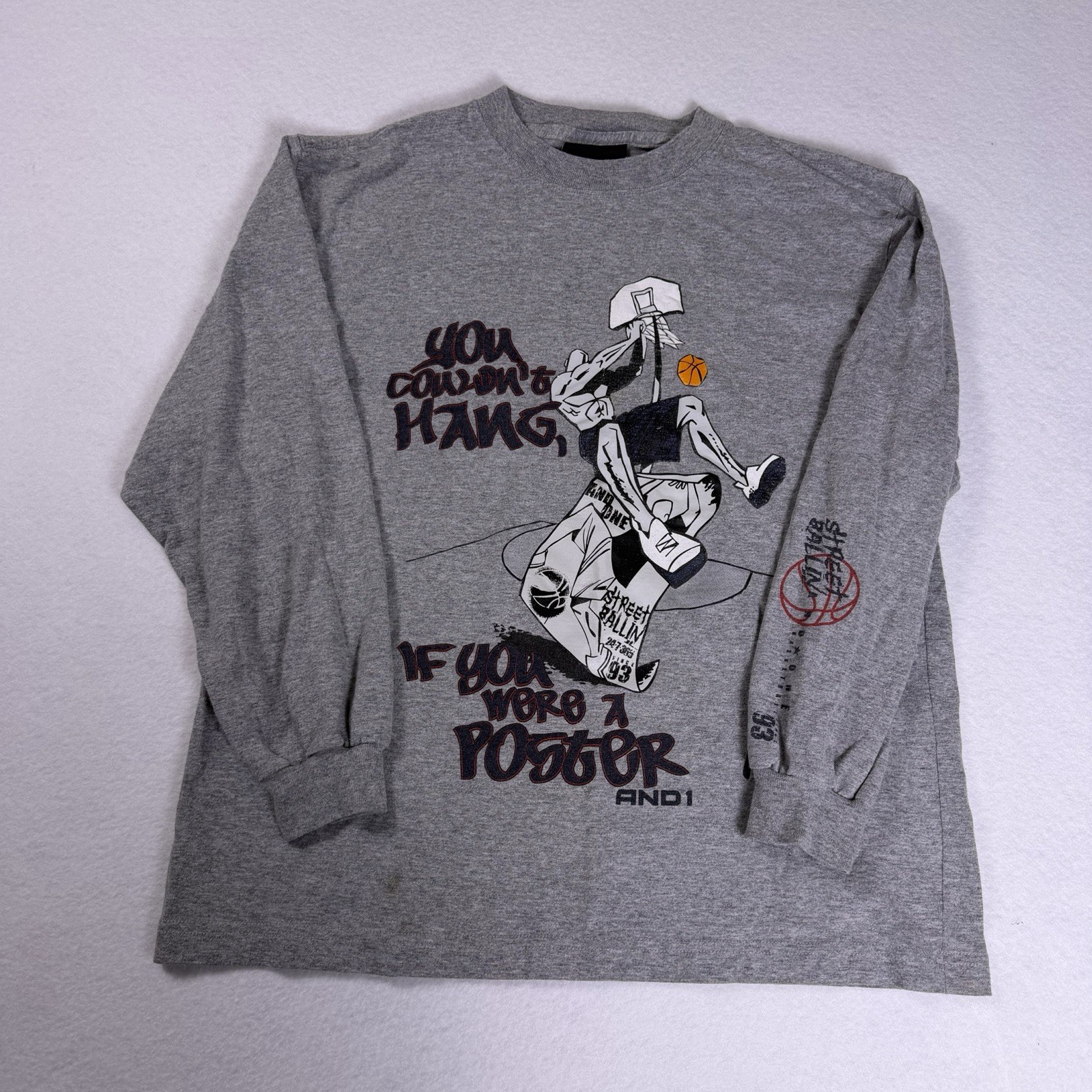 VTG AND1 Men’s Long Sleeve Shirt Grey Large Poser Quote The Player Sleeve Hit