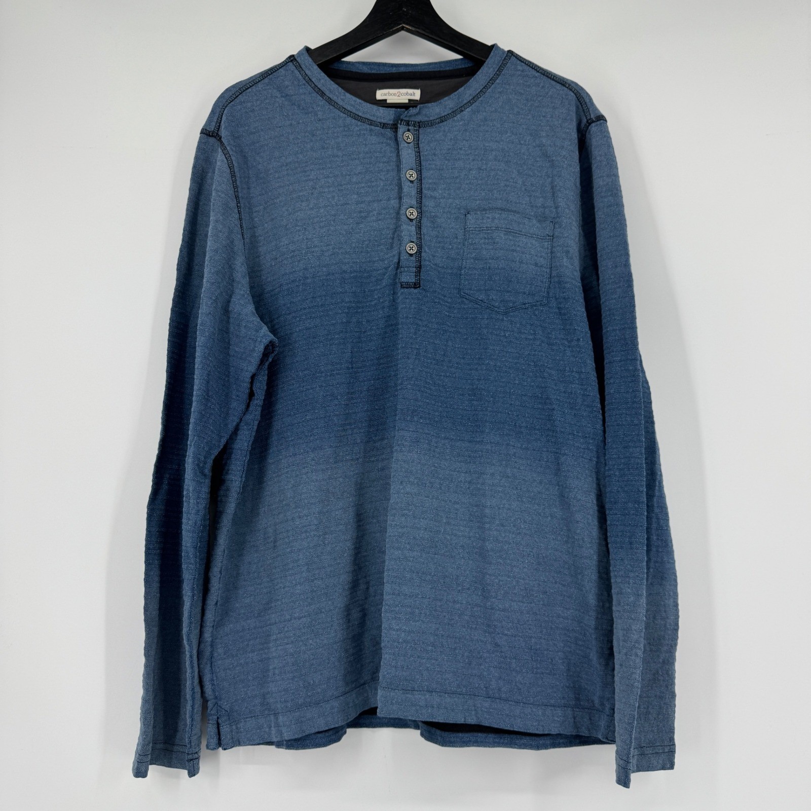 Carbon2Cobalt Mens Blue Ombre Textured Long Sleeve Henley Shirt Large Cotton
