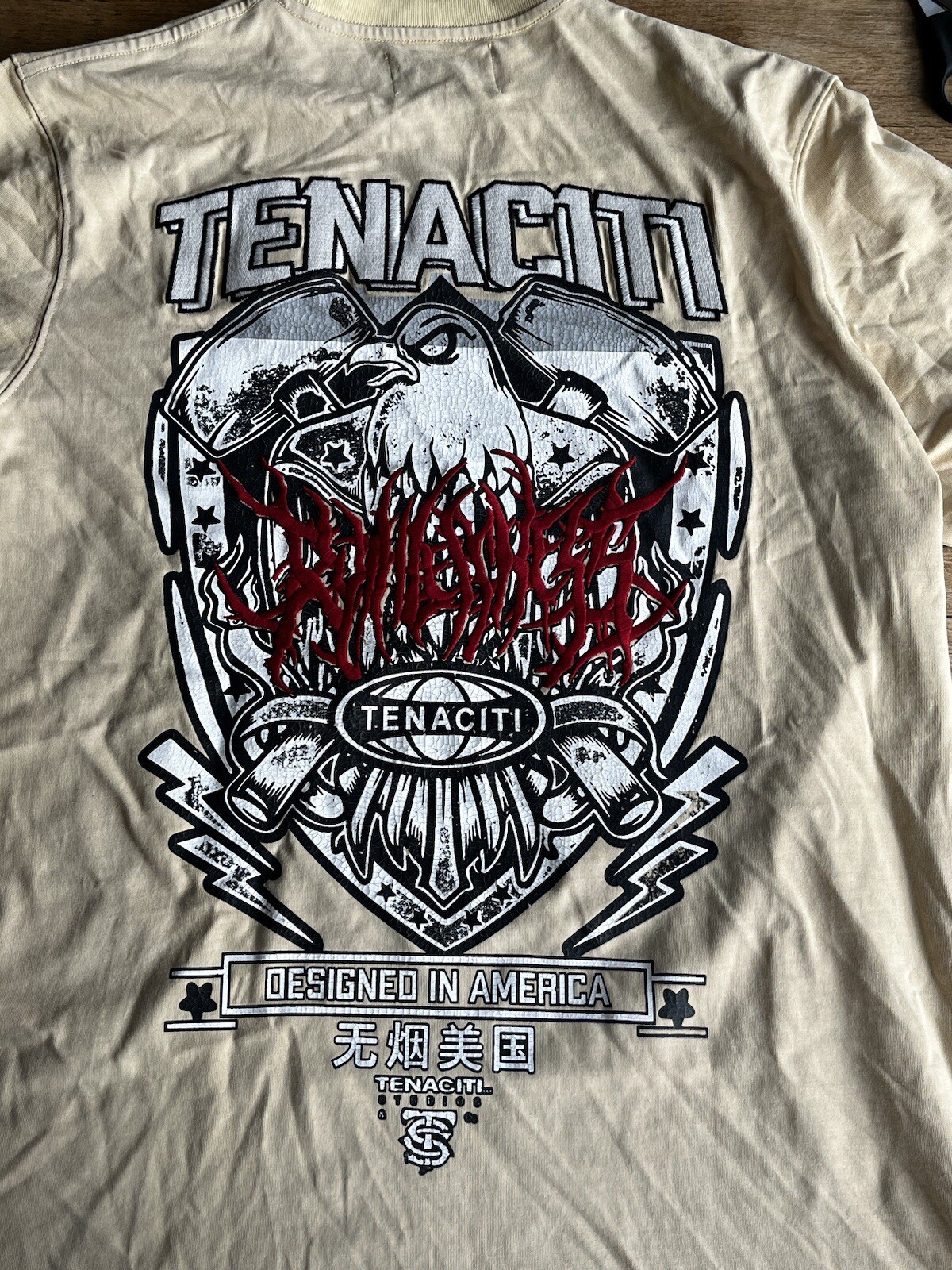 TENACITI STUDIOS Mens Large Short-Sleeve Shirt Beige Off-white Front/Back Design