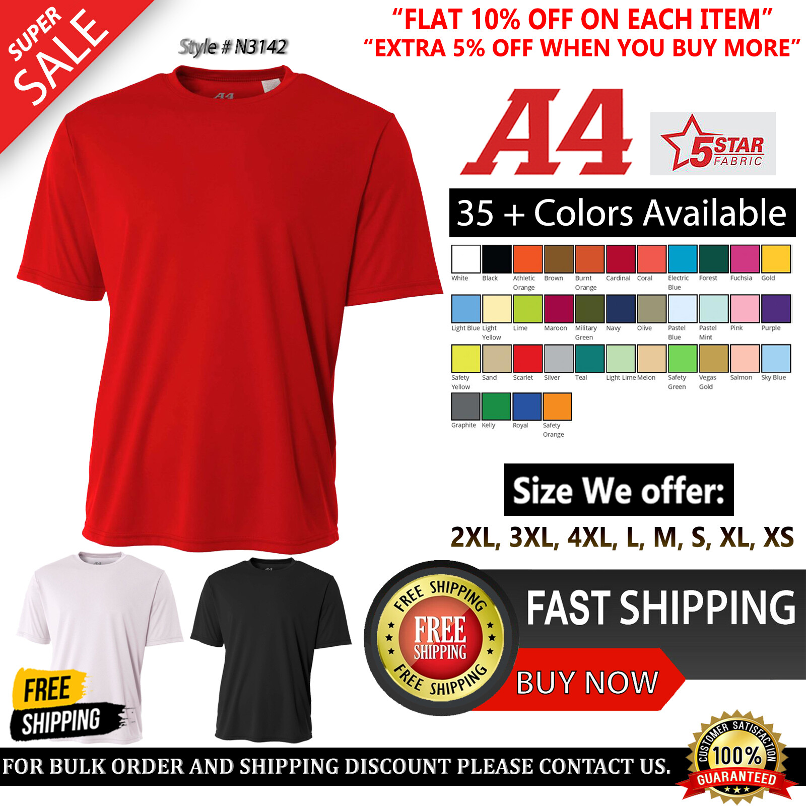 A4 Mens Dri-Fit Workout Running Cooling Performance Crew Jogging T-Shirt – N3142