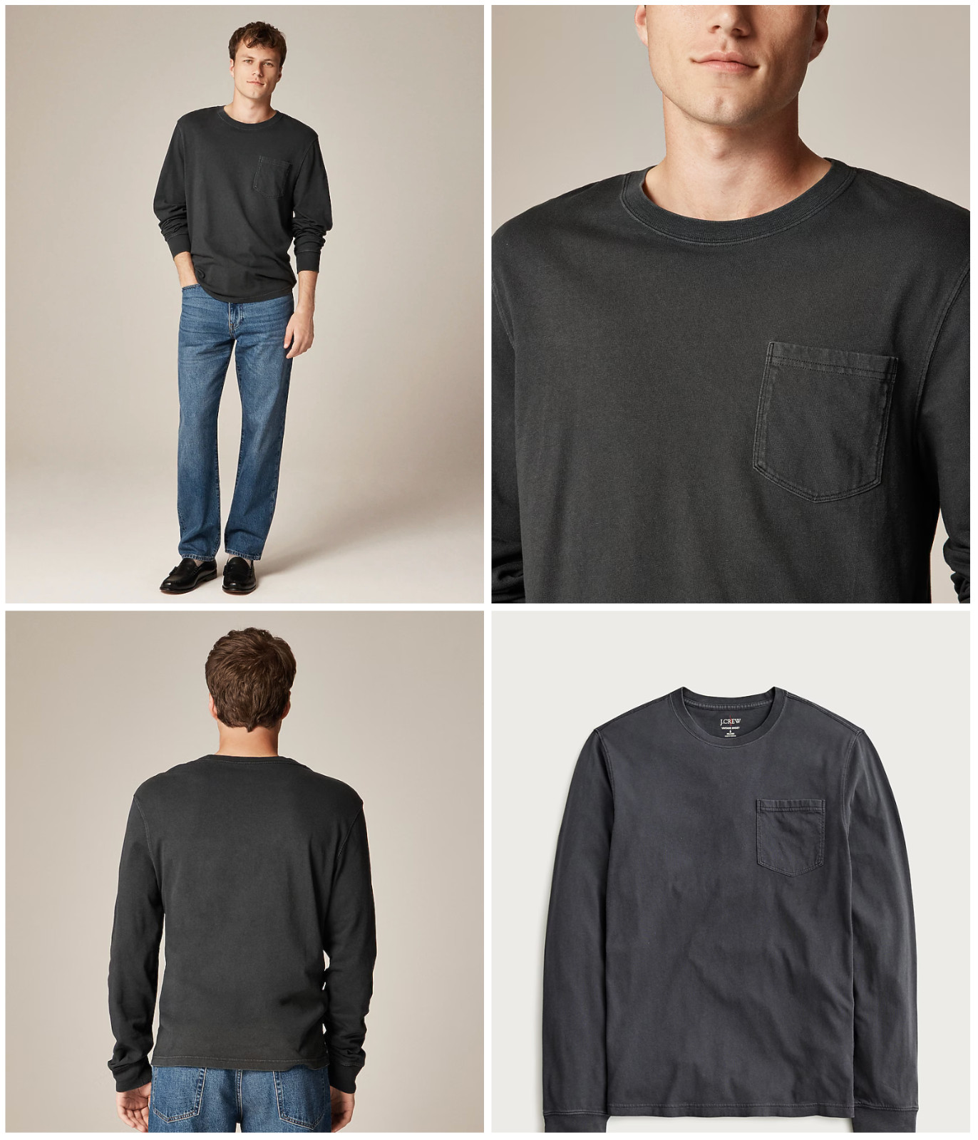 NEW J. CREW Men’s Black Slim Long-Sleeve Vintage-Wash Cotton Pocket T-Shirt Sz M