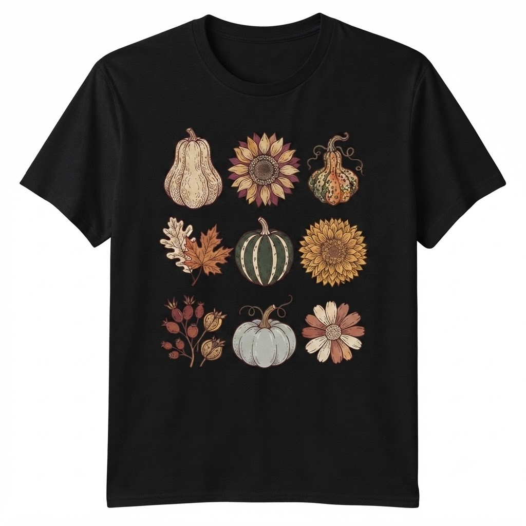 Autumn Pumpkin Flower Botanical Pattern Fall Harvest Aesthetic T-shirt