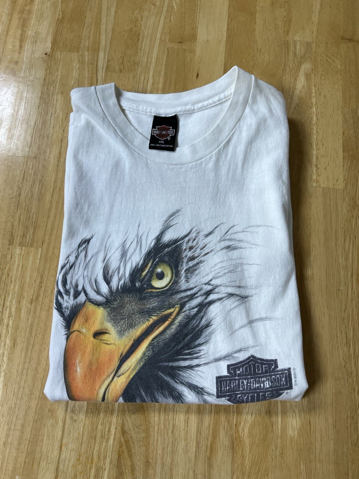 VTG 1998 Harley Davidson Eagle Face Eye Bakersfield, CA Sz XXL White T-Shirt See