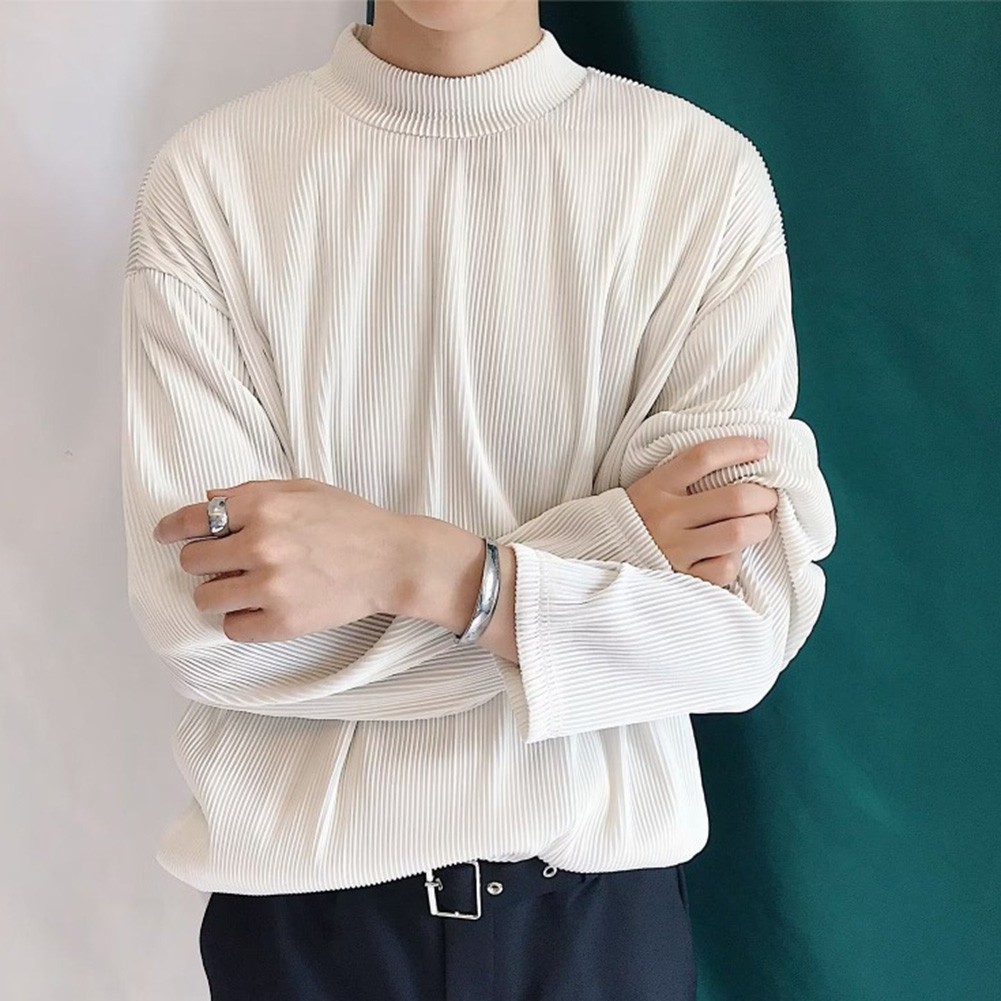 Mens Casual Pleated Drape Half Turtleneck T Shirt for Daily Wear and Commuting