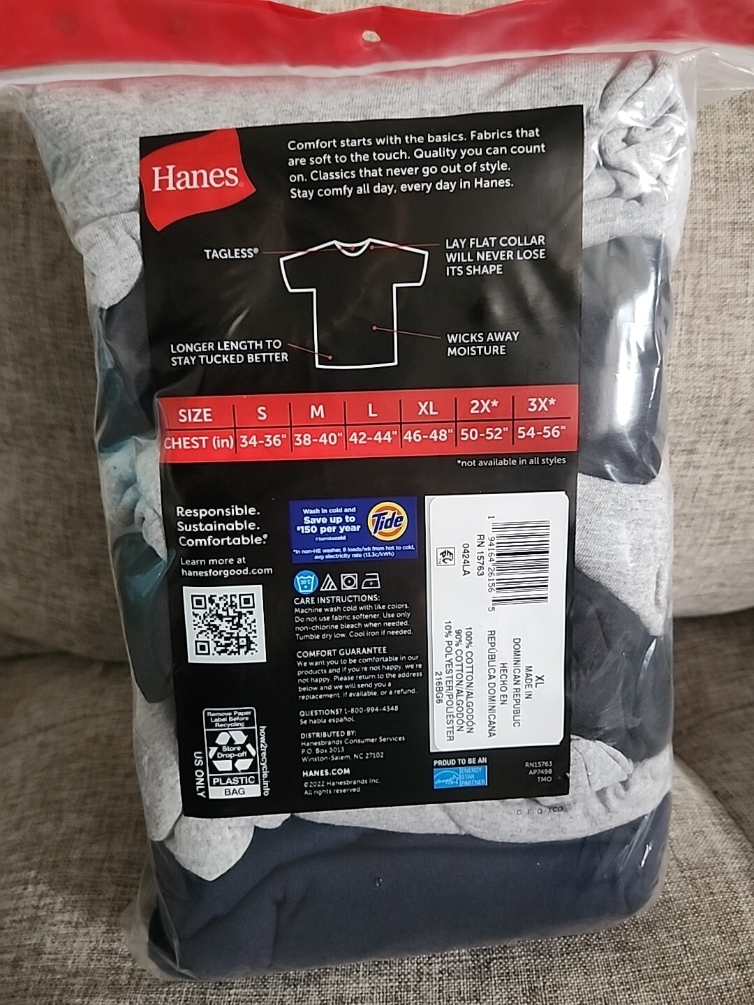 Hanes 6-pack Mens Crew Neck T-Shirt 100% Cotton Crewneck Tees Black/Gray XL