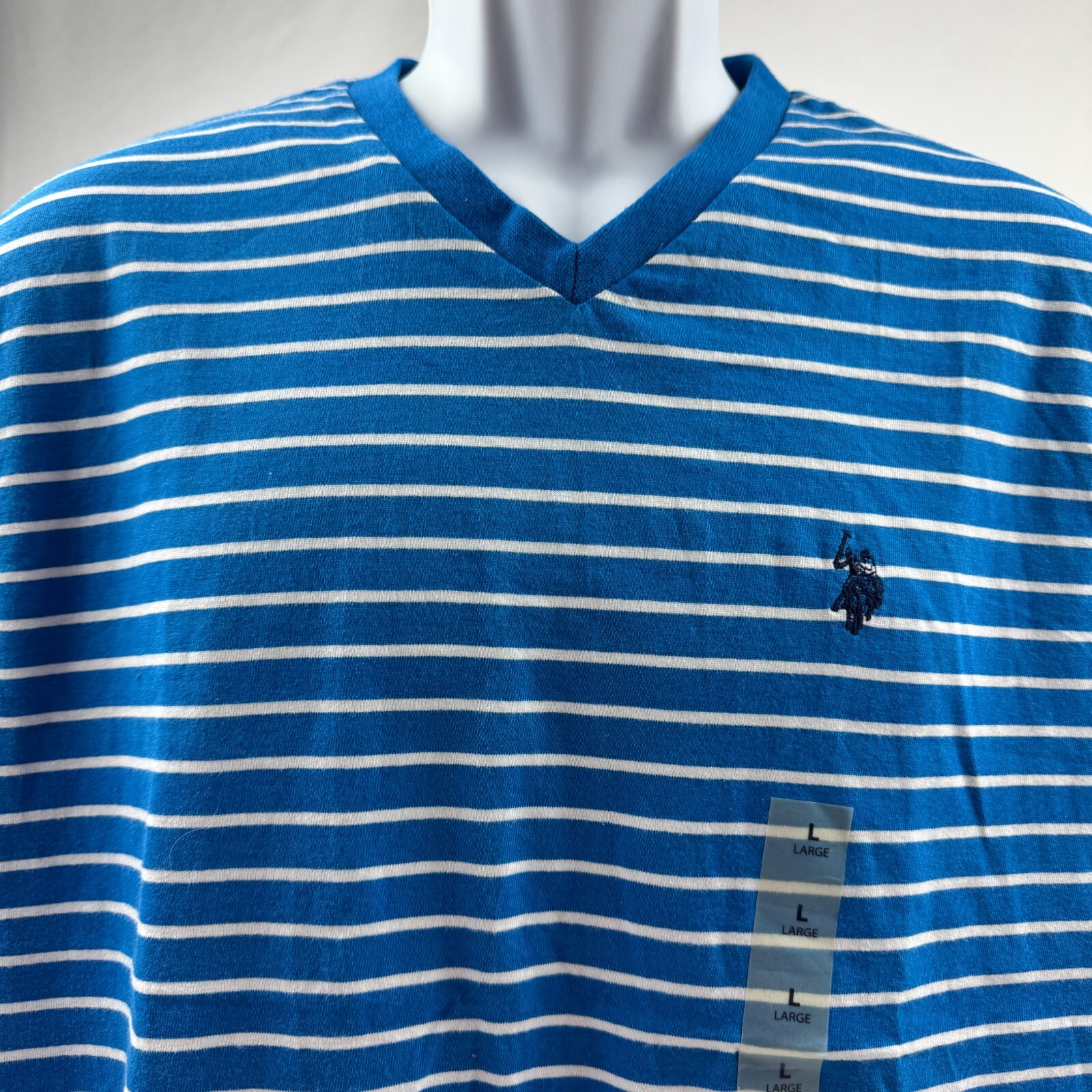 NWT U.S Polo Assn. Classic Fit Blue Striped Cotton Casual V-Neck T-Shirt Size L