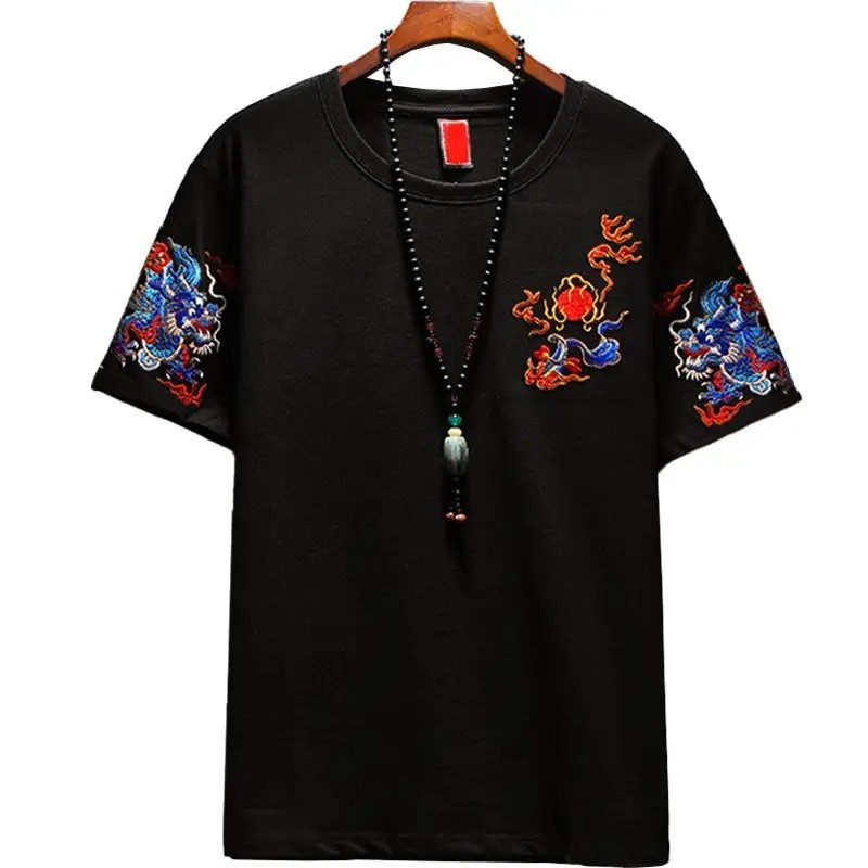 Men Dragon Embroidered T Shirt Summer Casual Short Sleeve Top Graphic Tee
