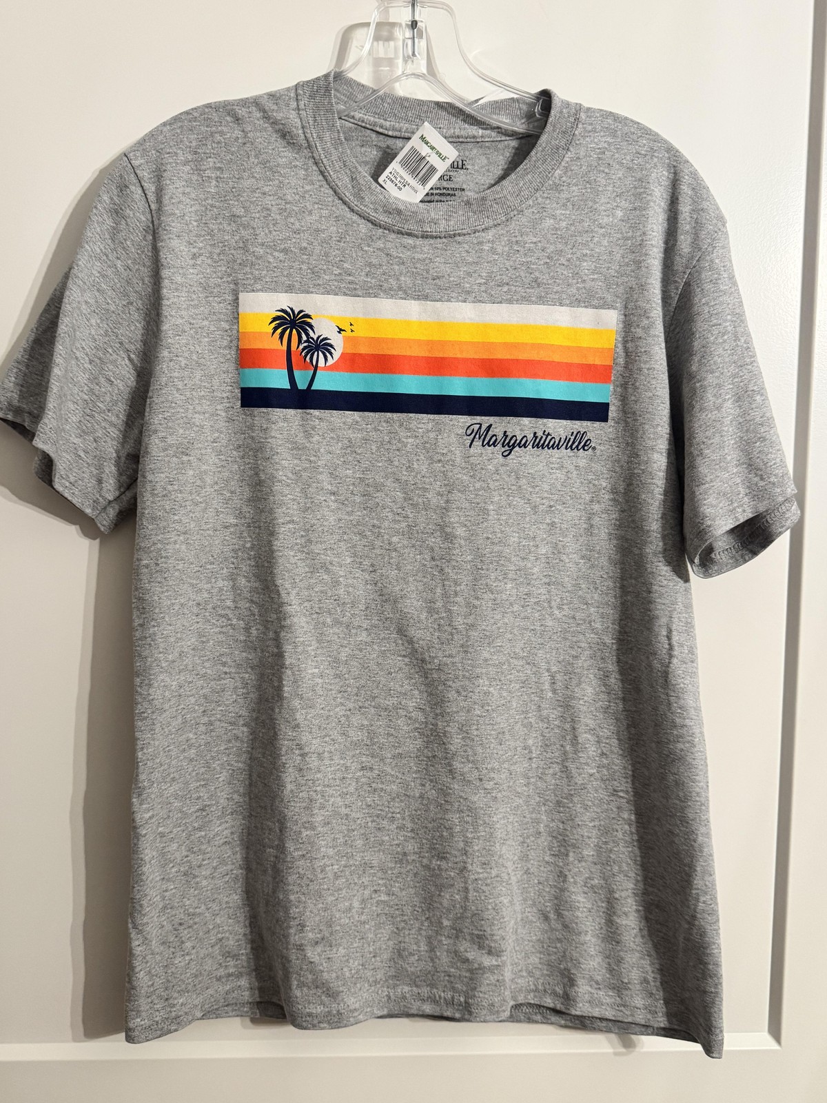 Margaritaville Shirt Teens XL Gray Palm Stripe Graphic Beach Tee Tropical Sunset