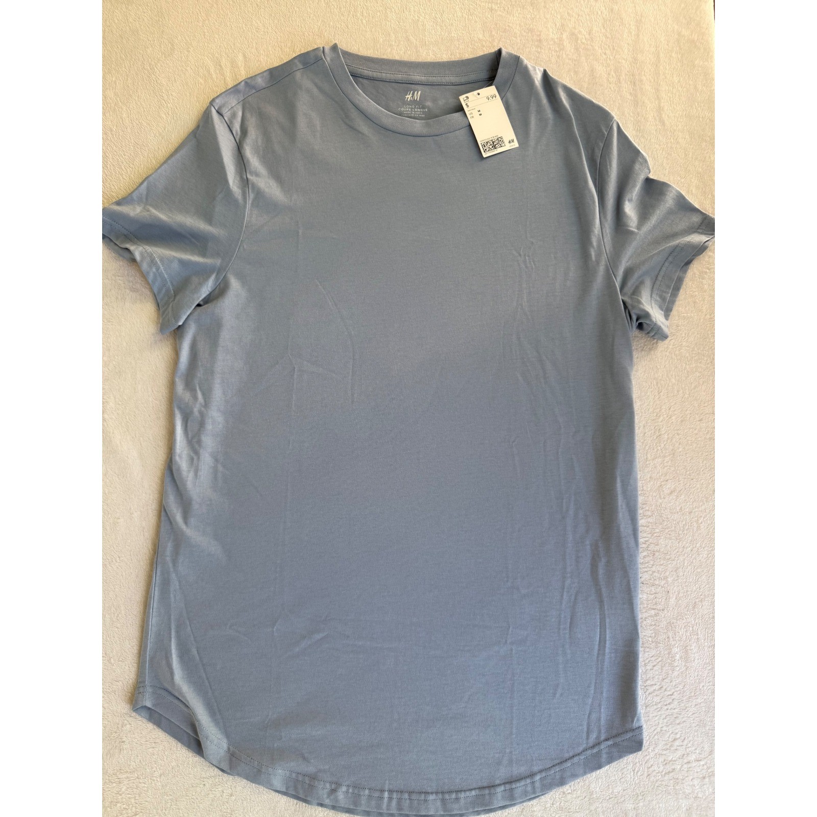 H&M T-Shirt Mens Medium Blue Cotton Blend Long Fit Curved Hem Short Sleeve Tee