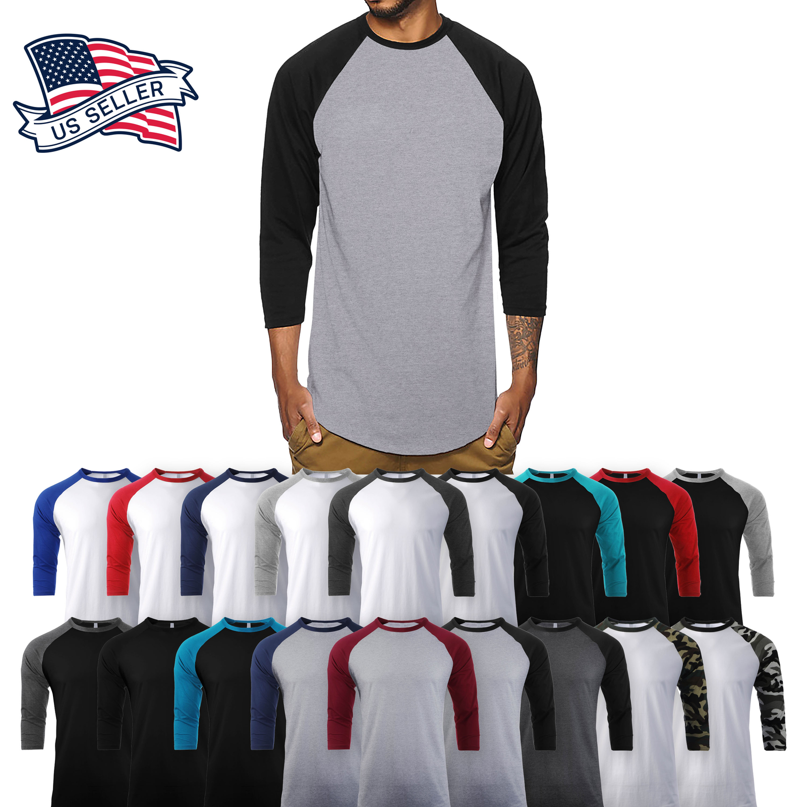 Mens T Shirt Baseball 3/4 Sleeve Crew Neck Sports Outdoor Hipster Jersey Raglan