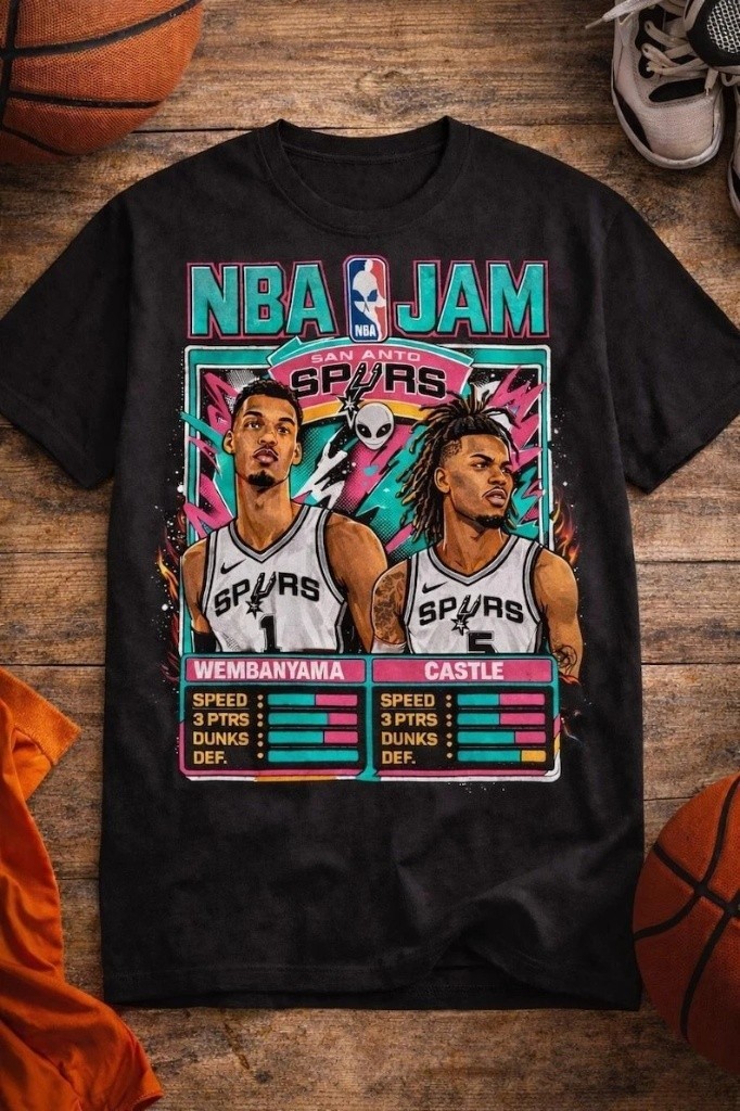 NBA Jam Spurs Wembanyama Castle Retro Game Style Basketball T shirt