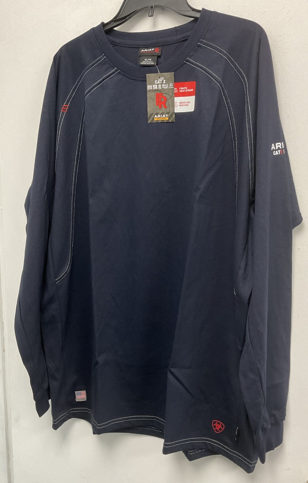 Ariat FR Crew L/S T-Shirt-Men’s-Navy-Flame Resistant-CAT2-Moisture Wicking-XL