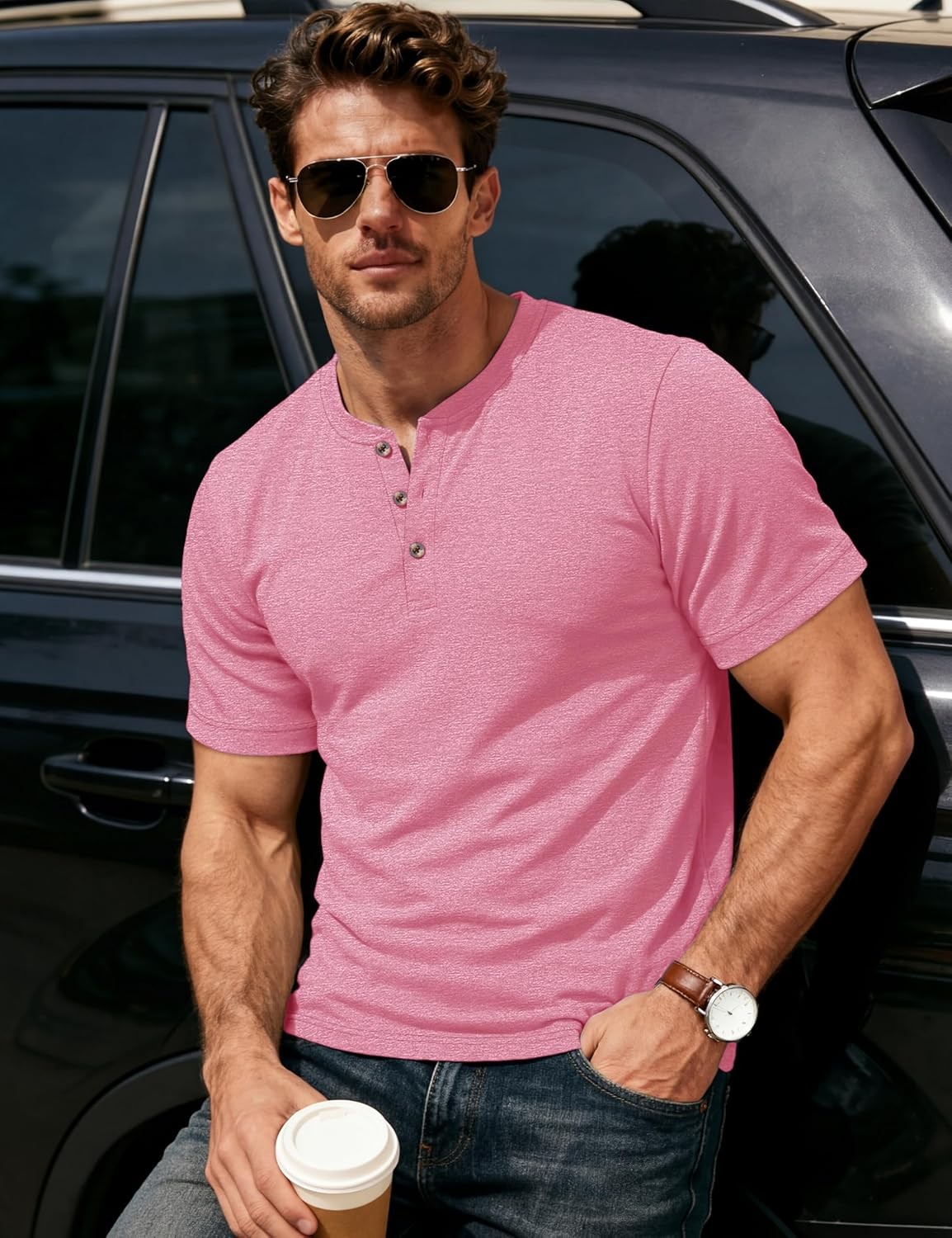 Men’s Henley Short Sleeve Shirt Moisture Wicking Lightweight