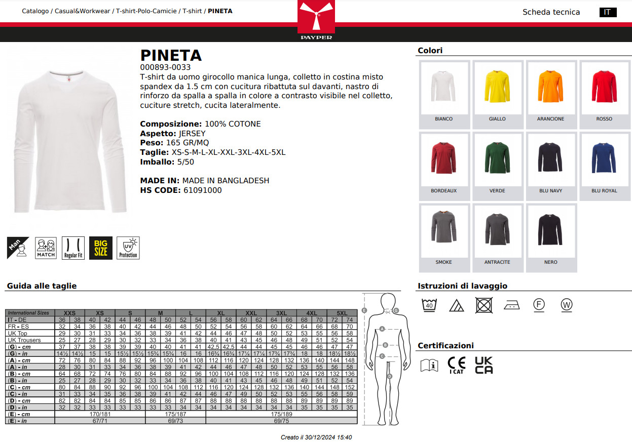 Payper PINETA T-Shirt Men’s 100% Cotton Long Sleeve Crew Neck T-Shirt