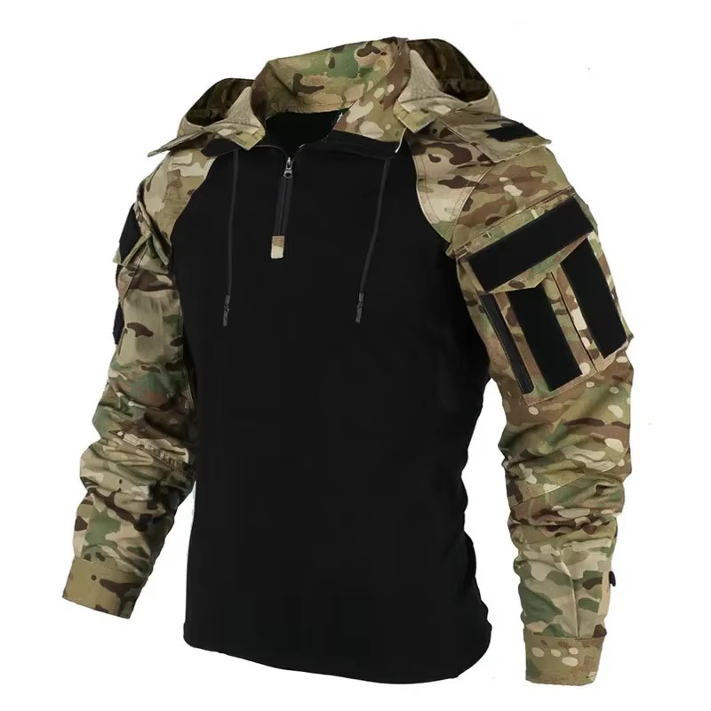 Tactical Combat Shirts Men Long Sleeve Breathable T-Shirt Camo Hooded Quick-Dry