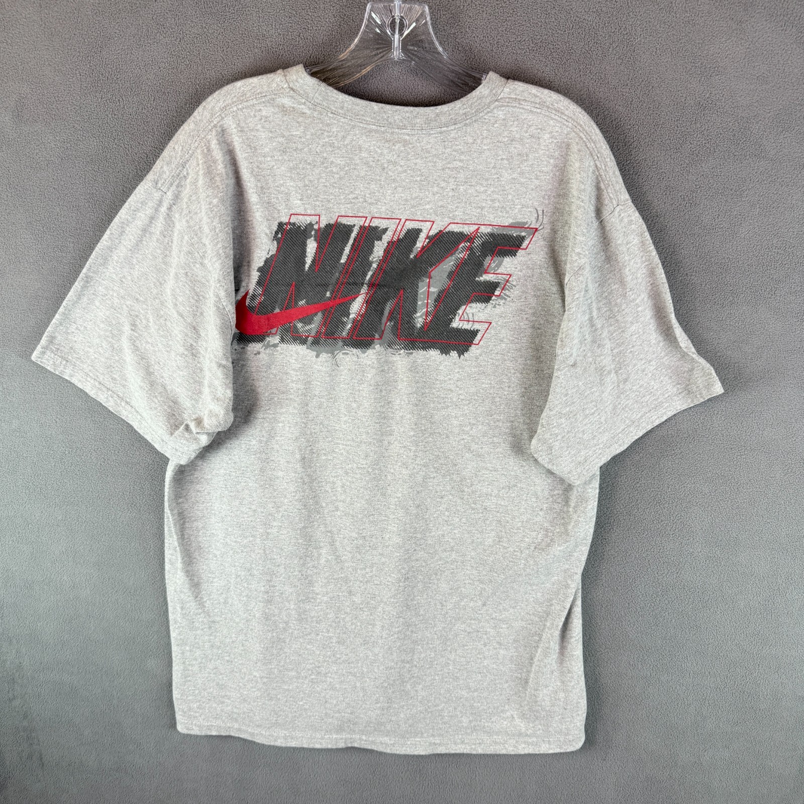 Nike Mens Shirt Large Gray Swoosh Logo Athletic Tee Adult Ink Spellout Check