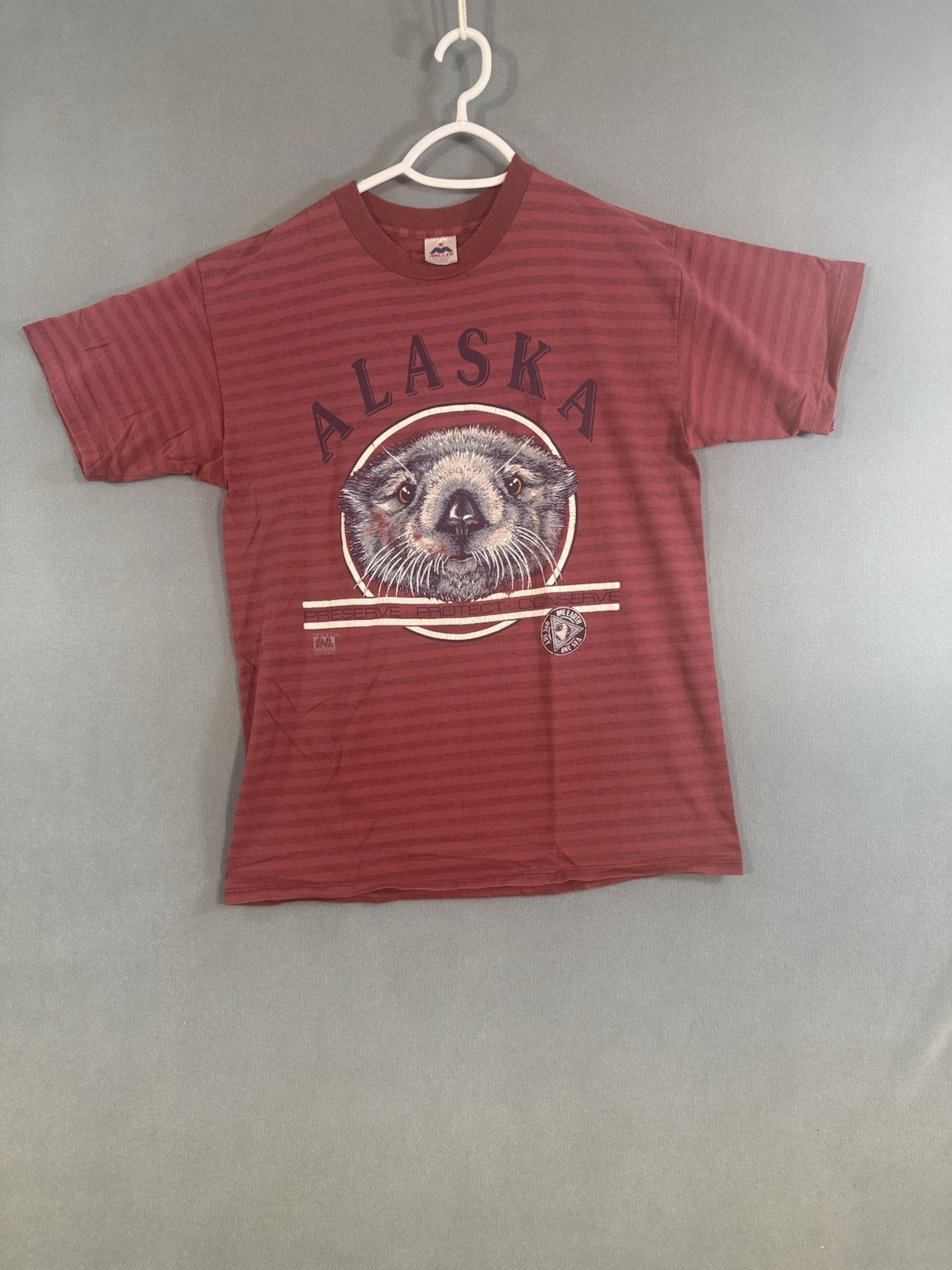 Vintage 90’s Alaska Red Striped T Shirt Size XL Made In USA Otter Short Sleeve