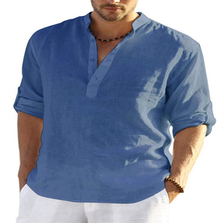 Mens Cotton Linen Long Sleeve Shirt Solid Loose Blouse Button Down Tops T Shirt