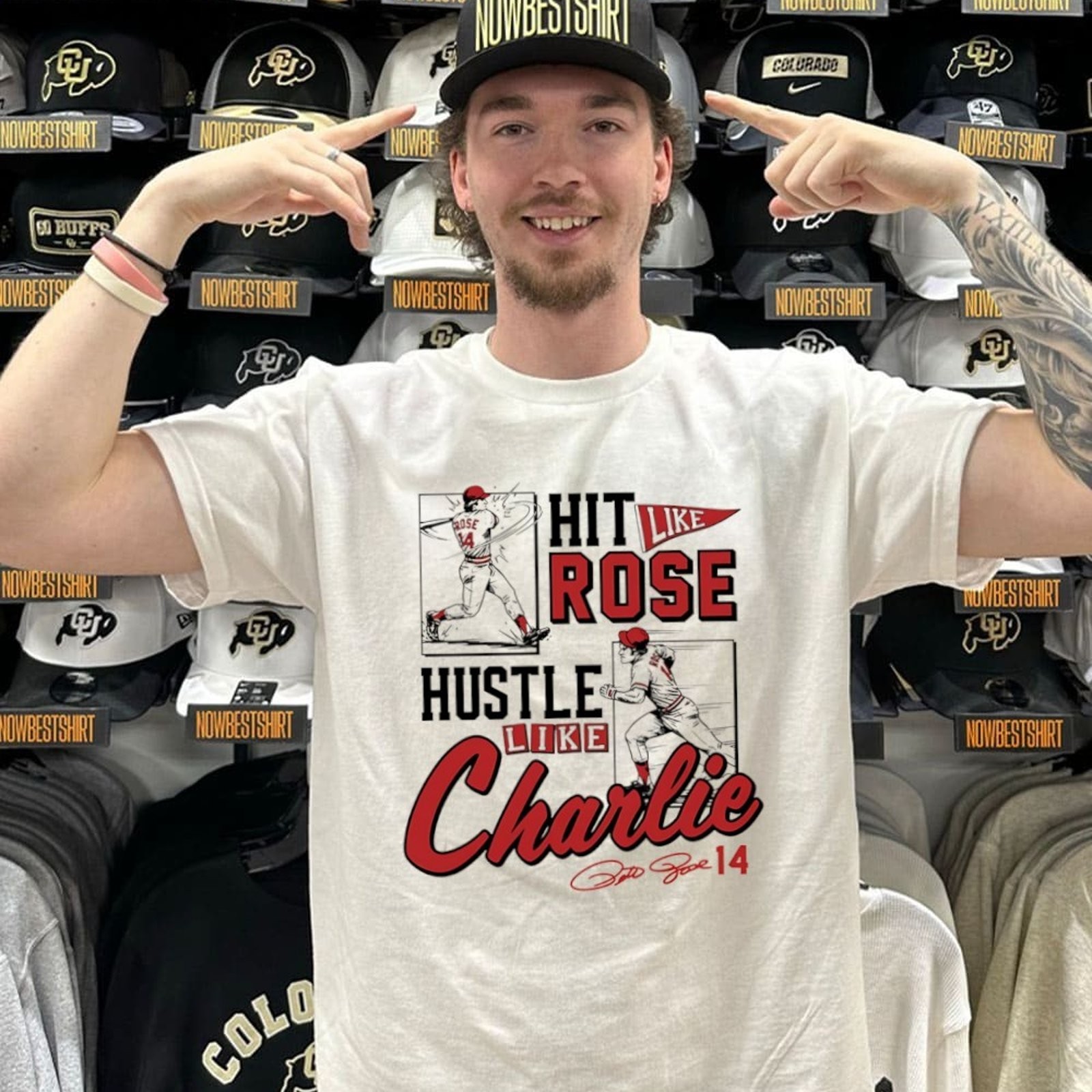 Pete Rose Hit Like Hustle Charlie Signature Graphic Tee Mens Cotton