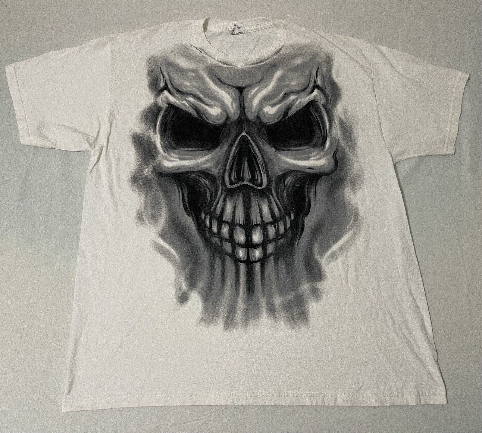 Vintage Y2K Skull Print T Shirt Mens Size XL White Cyber Goth Skater Horror