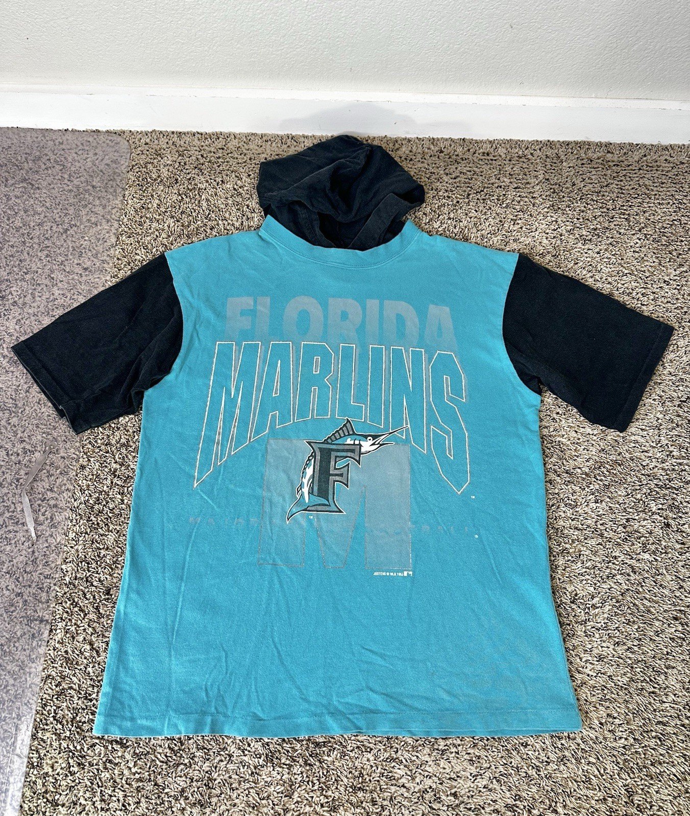 Vintage Florida Marlins Hoodie T-Shirt Adult Medium Black Teal Gray MLB 1993