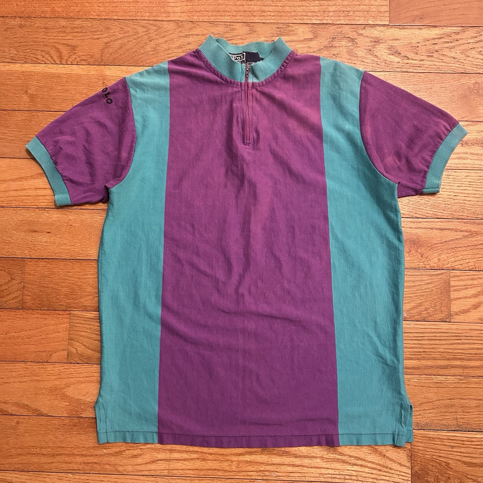 Vintage 80s Polo Ralph Lauren Striped Cycling Logo Jersey Zip Tee Shirt Medium