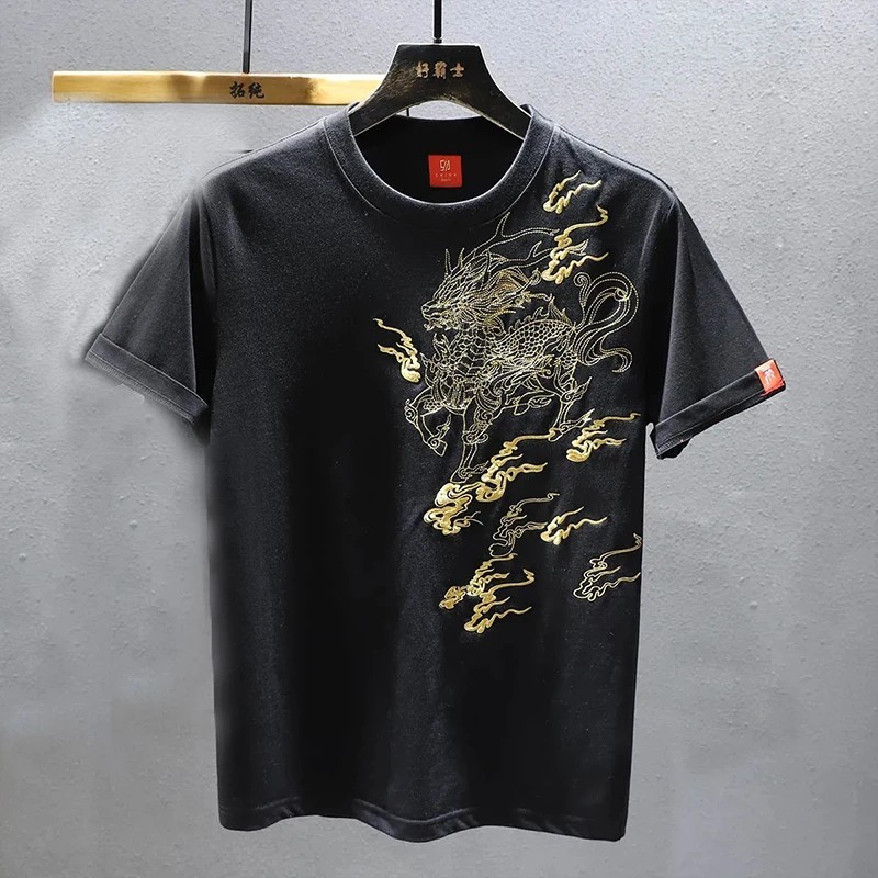 Men’s Luxury Golden Dragon Embroidery T-Shirt Casual Fashion Slim Fit Tee Top