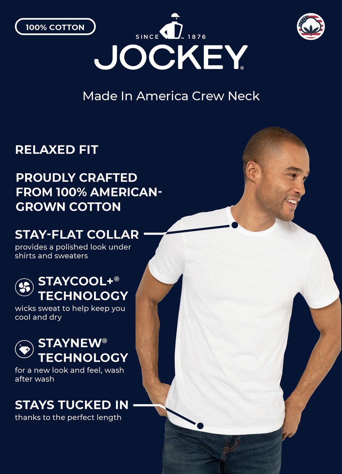 Jockey Men’s Made in America 100% Cotton Crew Neck Undershirt – 2 Pack